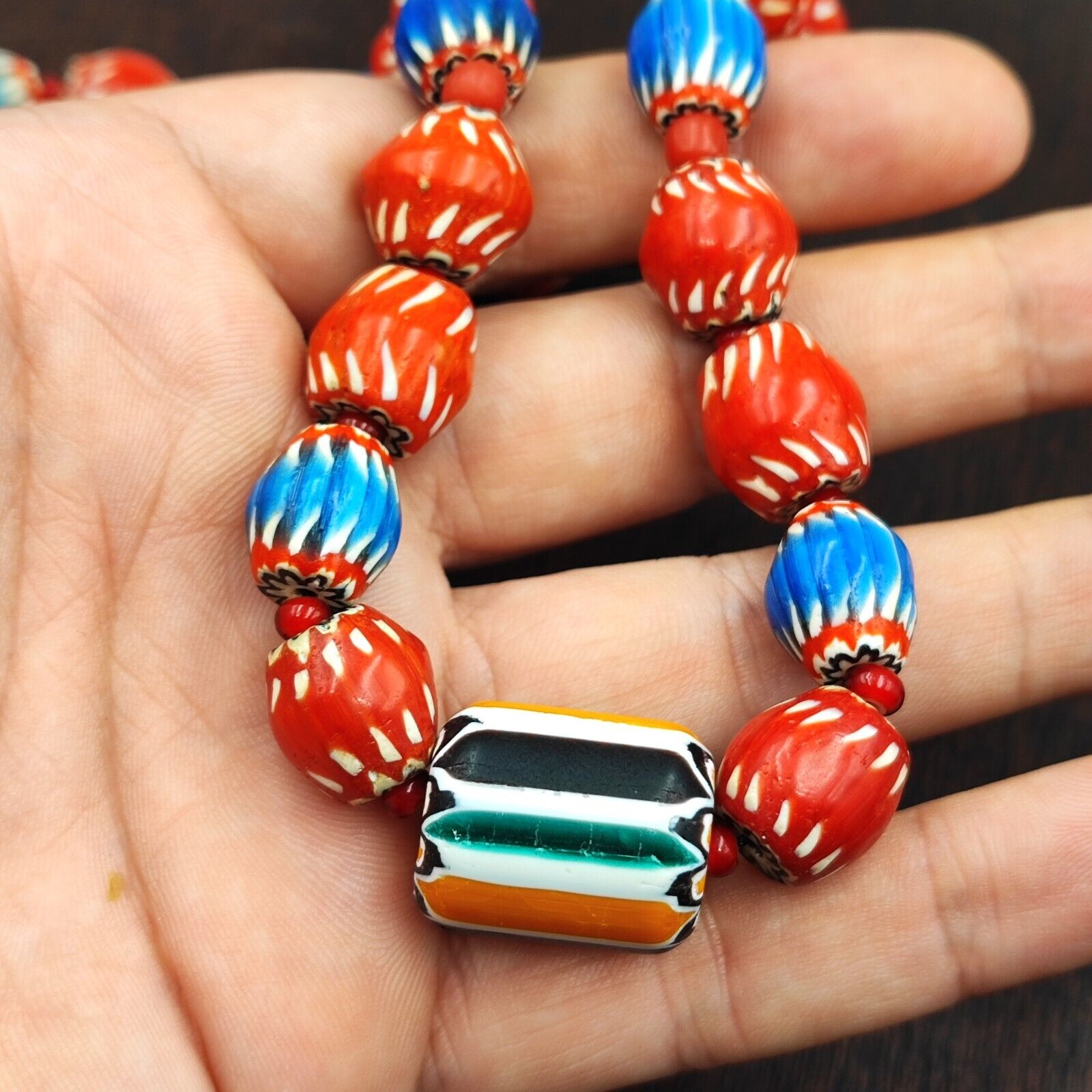 Vintage Venetian WhiteHeart and Chevron Beads Long Strand Necklace