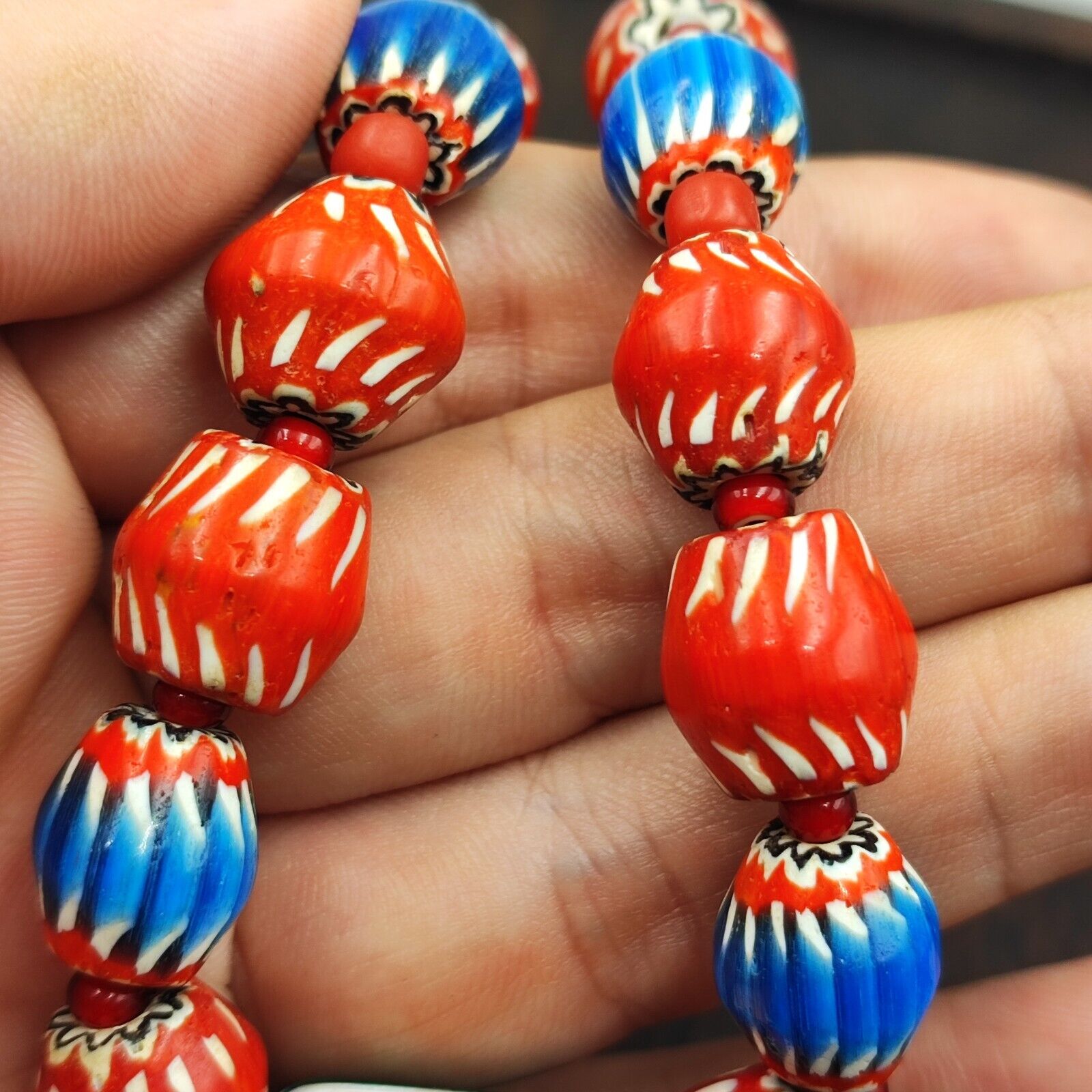 Vintage Venetian WhiteHeart and Chevron Beads Long Strand Necklace