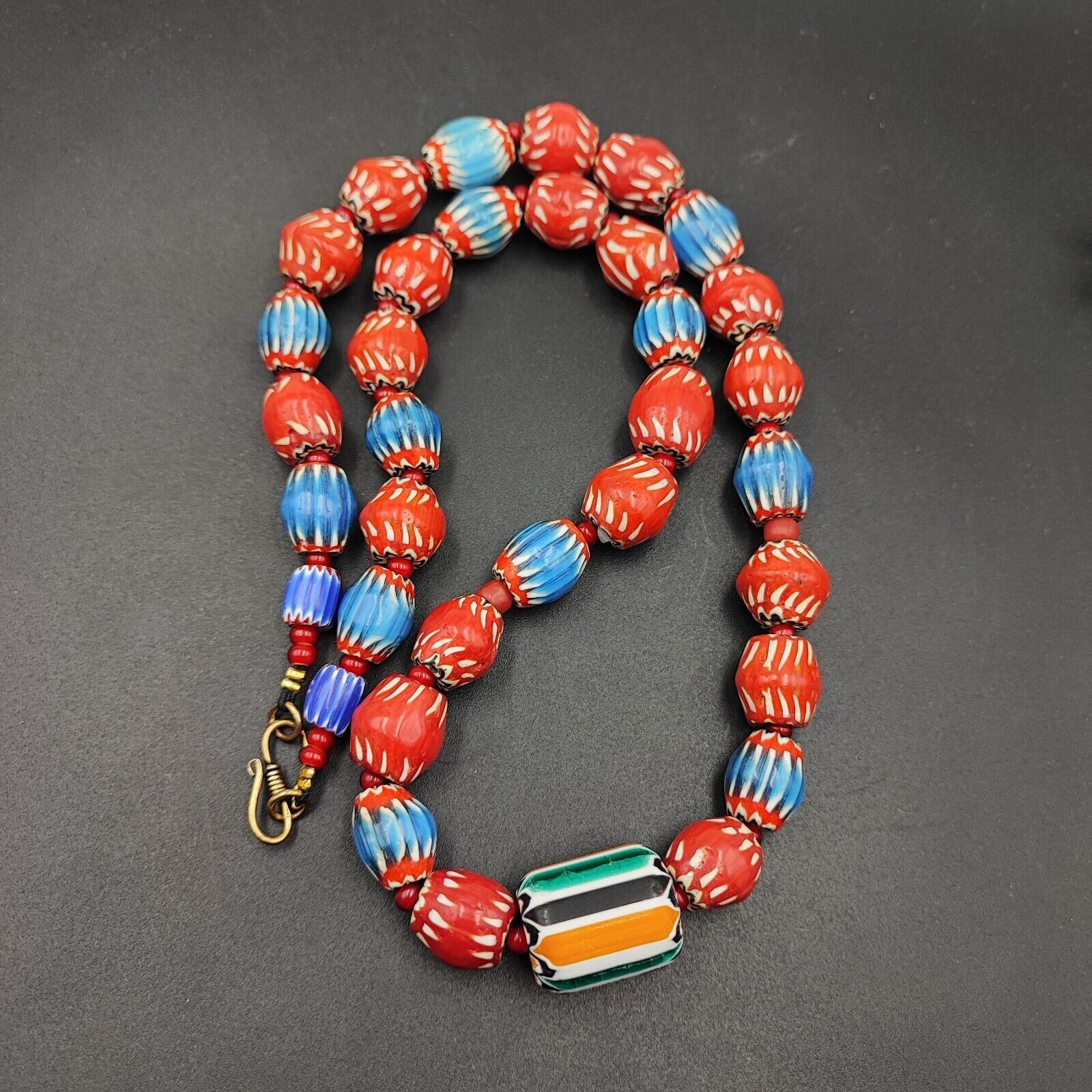 Vintage Venetian WhiteHeart and Chevron Beads Long Strand Necklace