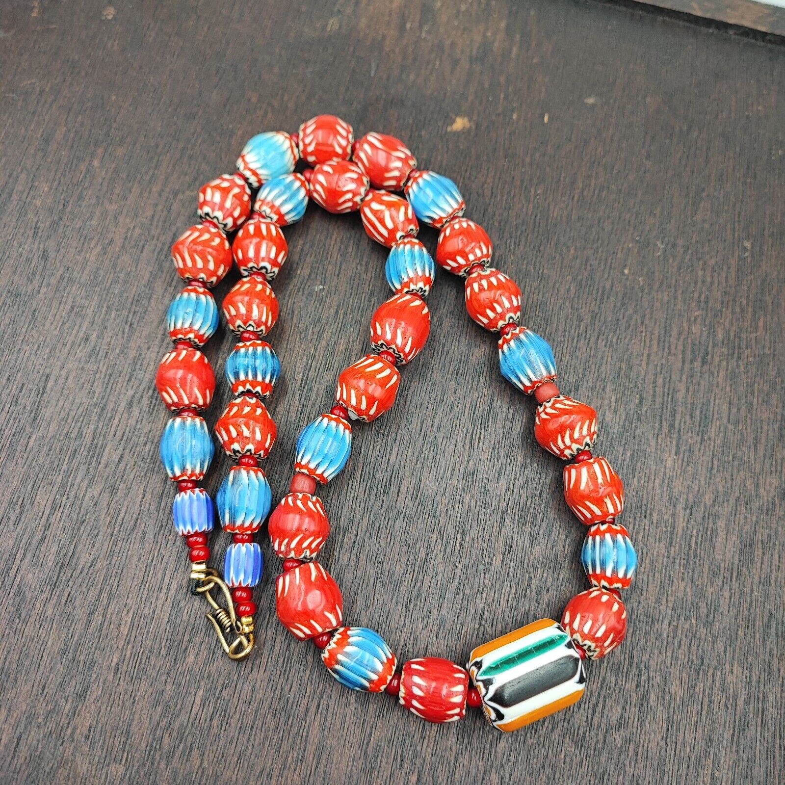 Vintage Venetian WhiteHeart and Chevron Beads Long Strand Necklace