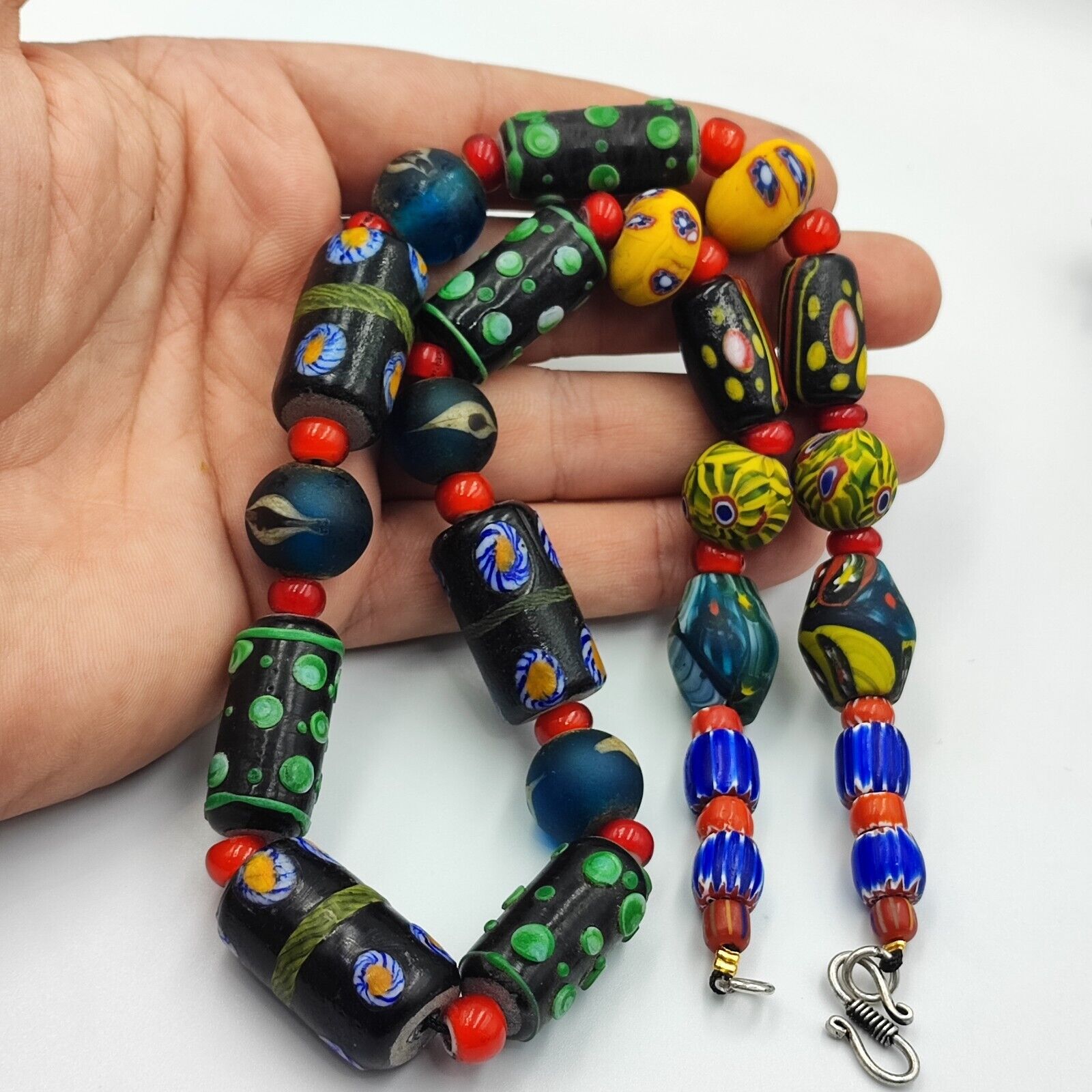 Vintage Venetian African Style Chevron Eye Glass Beads Necklace MIX1