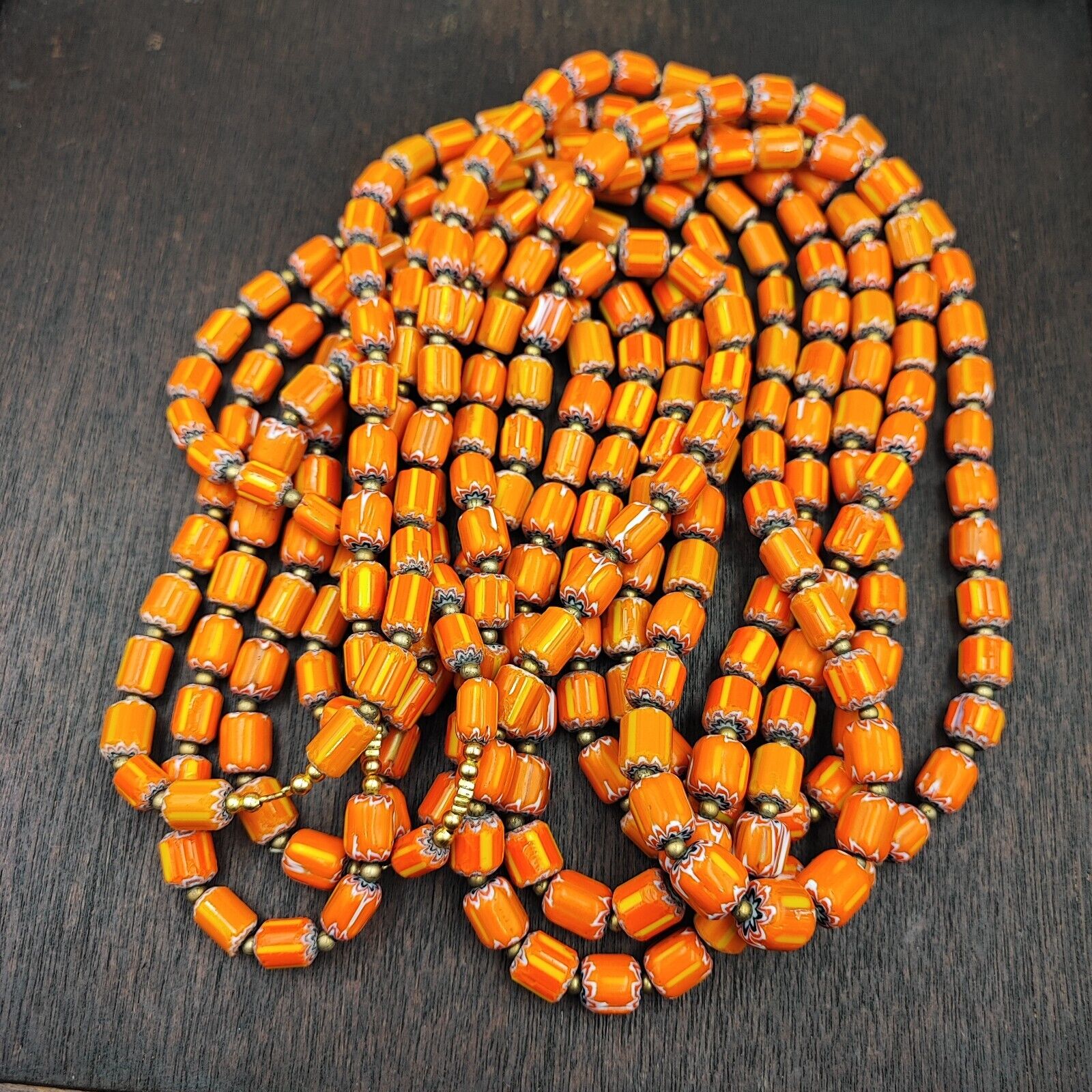 Vintage Venetian Style Orange Yellow Chevron Beads Long Strand Necklace