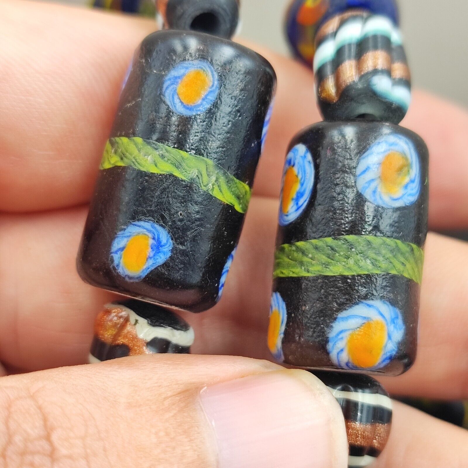 Vintage African Asian mosaic Glass Chevron Beads Long Strand necklace