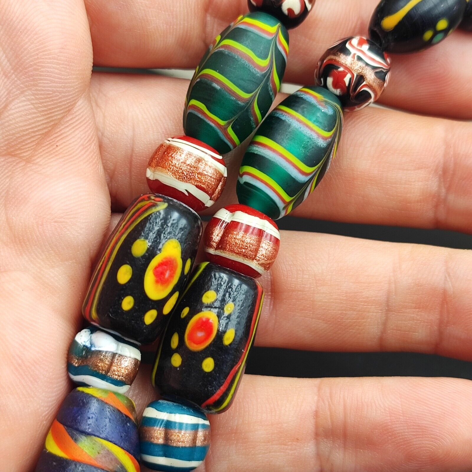 Vintage African Asian mosaic Glass Chevron Beads Long Strand necklace