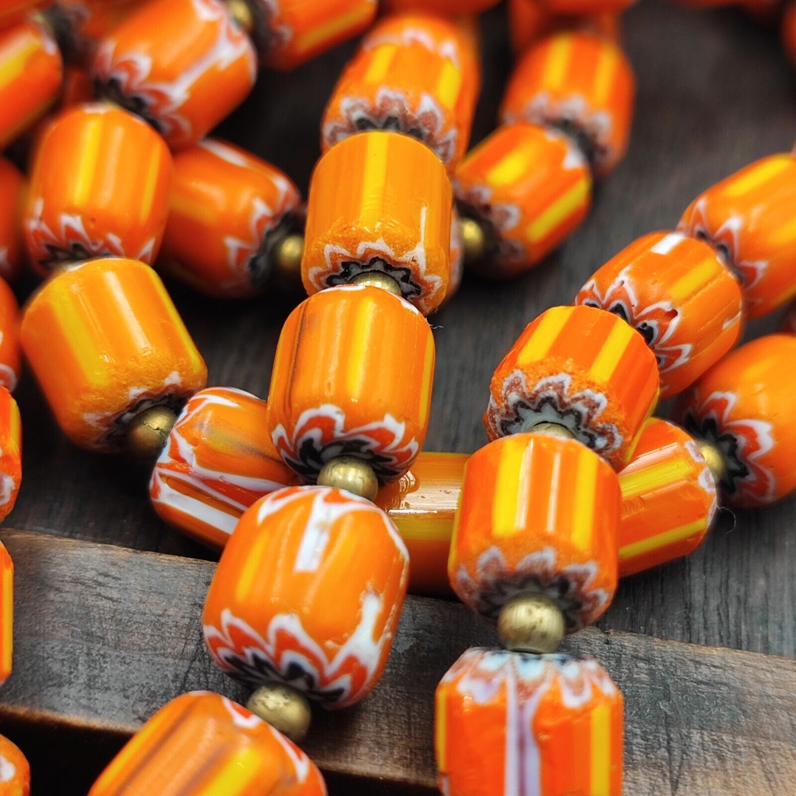 Vintage Venetian Style Orange Yellow Chevron Beads Long Strand Necklace