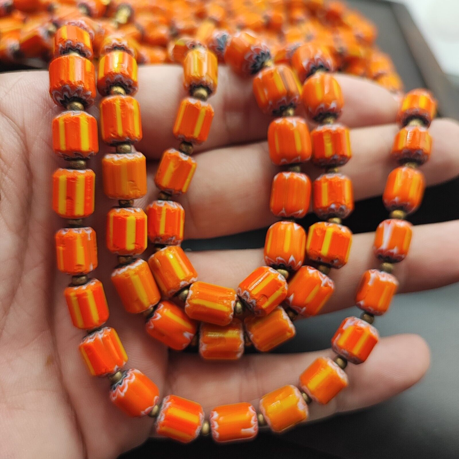 Vintage Venetian Style Orange Yellow Chevron Beads Long Strand Necklace