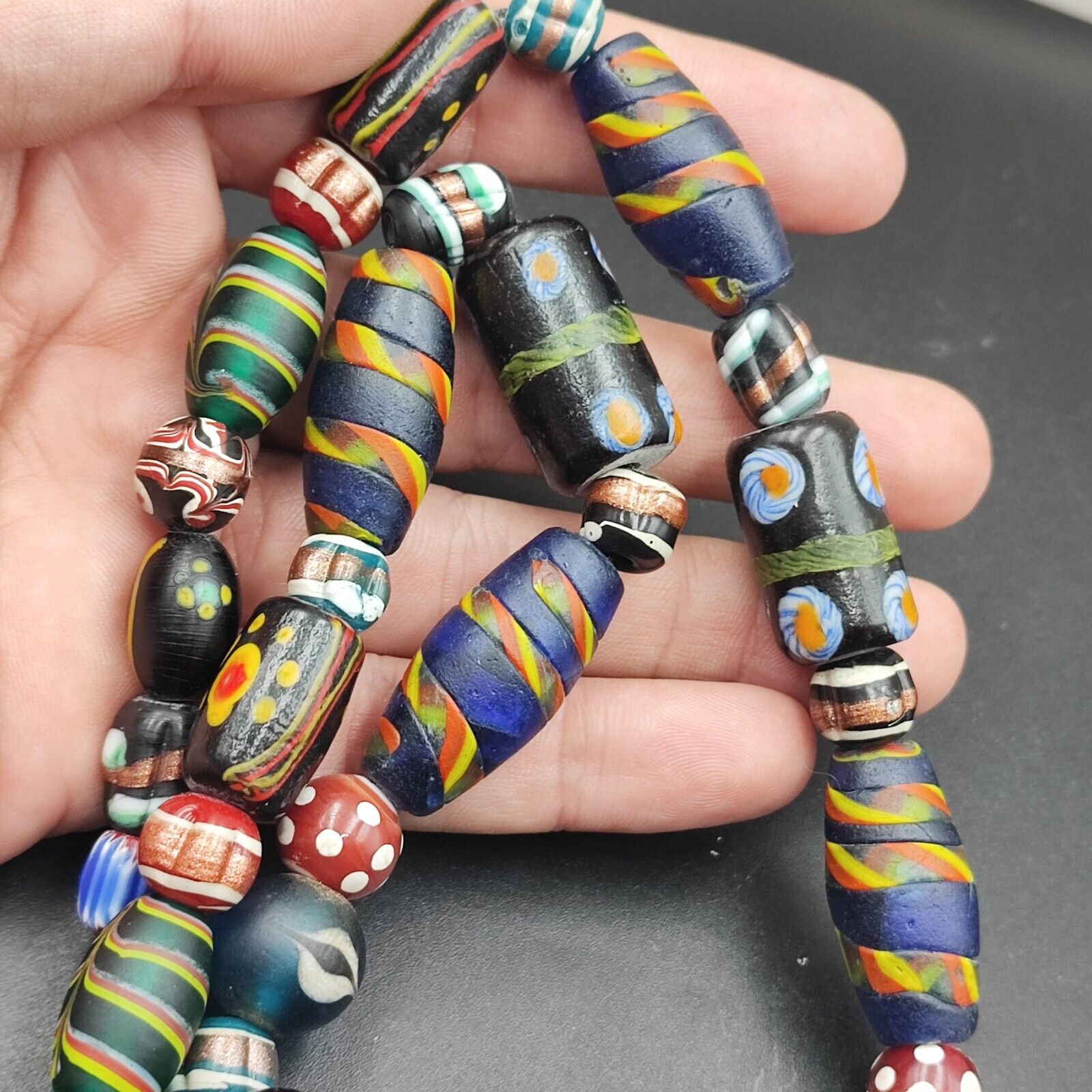 Vintage African Asian mosaic Glass Chevron Beads Long Strand necklace