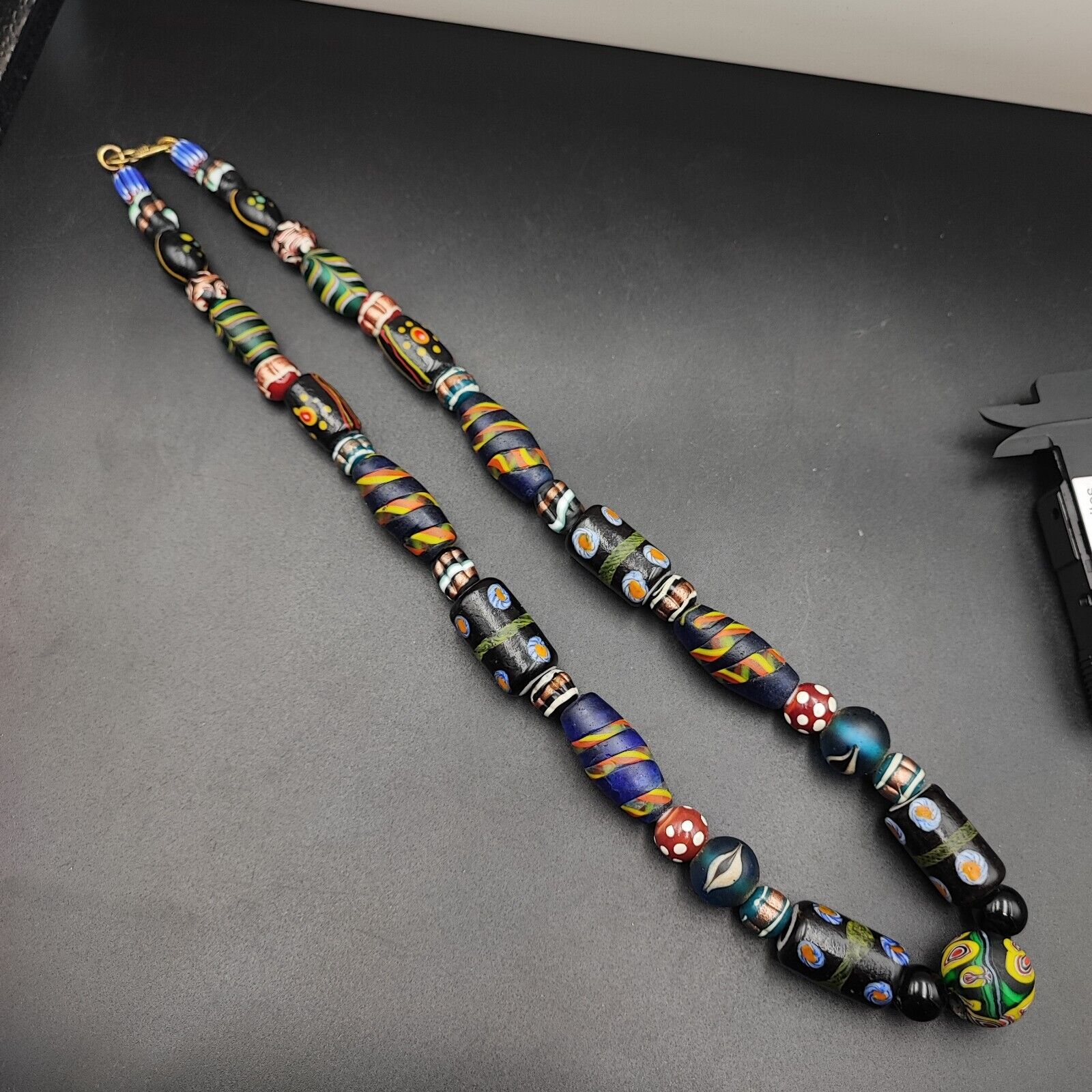 Vintage African Asian mosaic Glass Chevron Beads Long Strand necklace