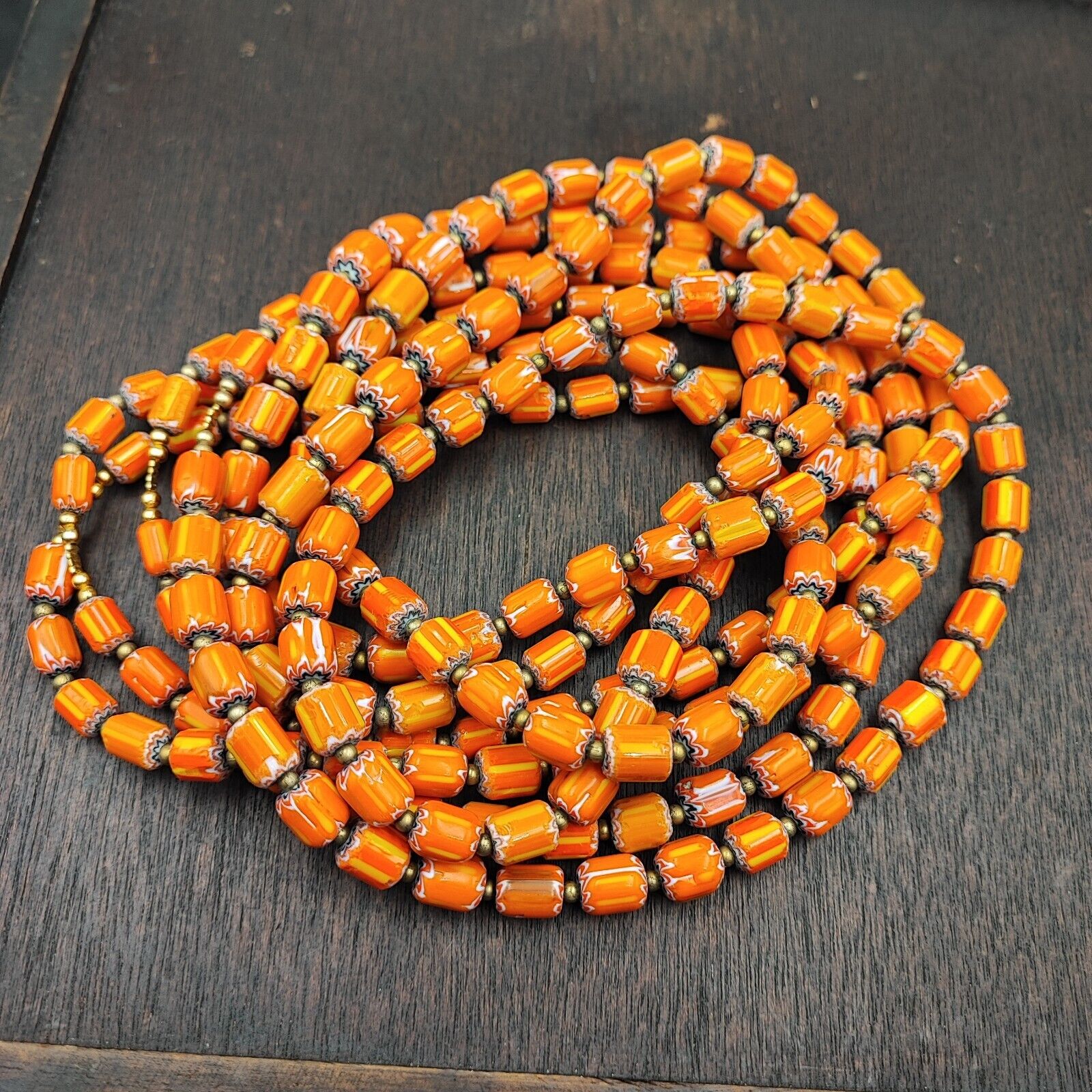 Vintage Venetian Style Orange Yellow Chevron Beads Long Strand Necklace