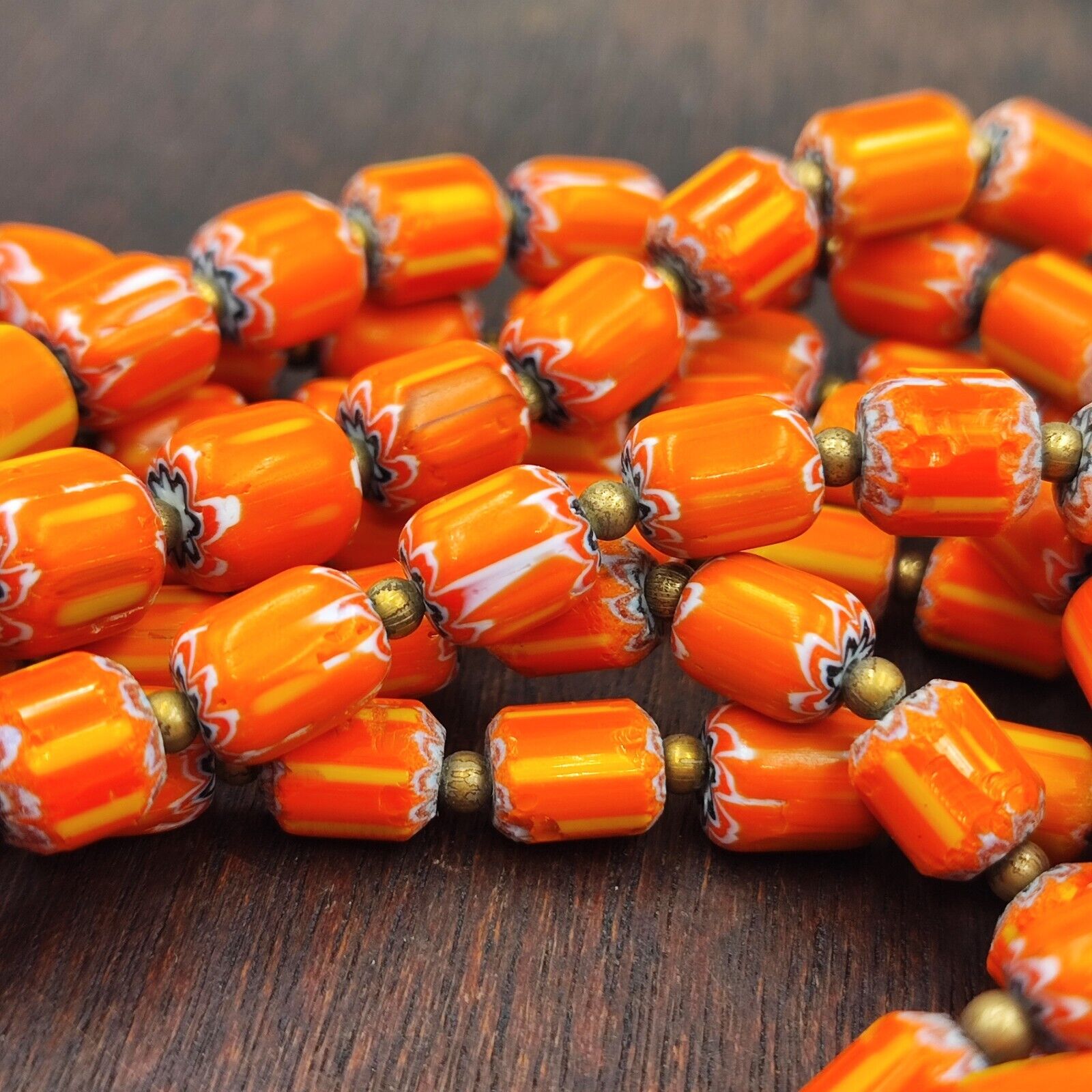 Vintage Venetian Style Orange Yellow Chevron Beads Long Strand Necklace