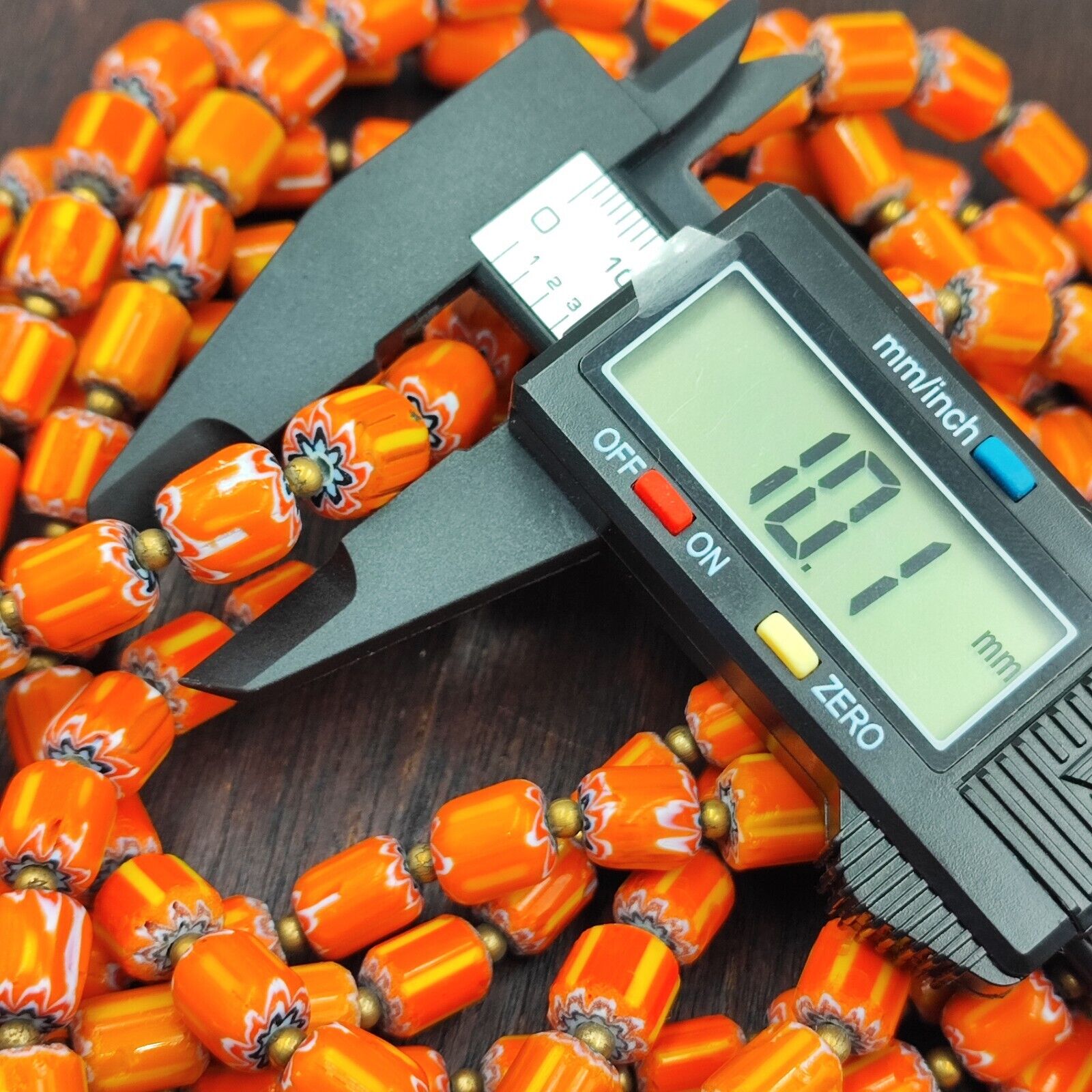 Vintage Venetian Style Orange Yellow Chevron Beads Long Strand Necklace