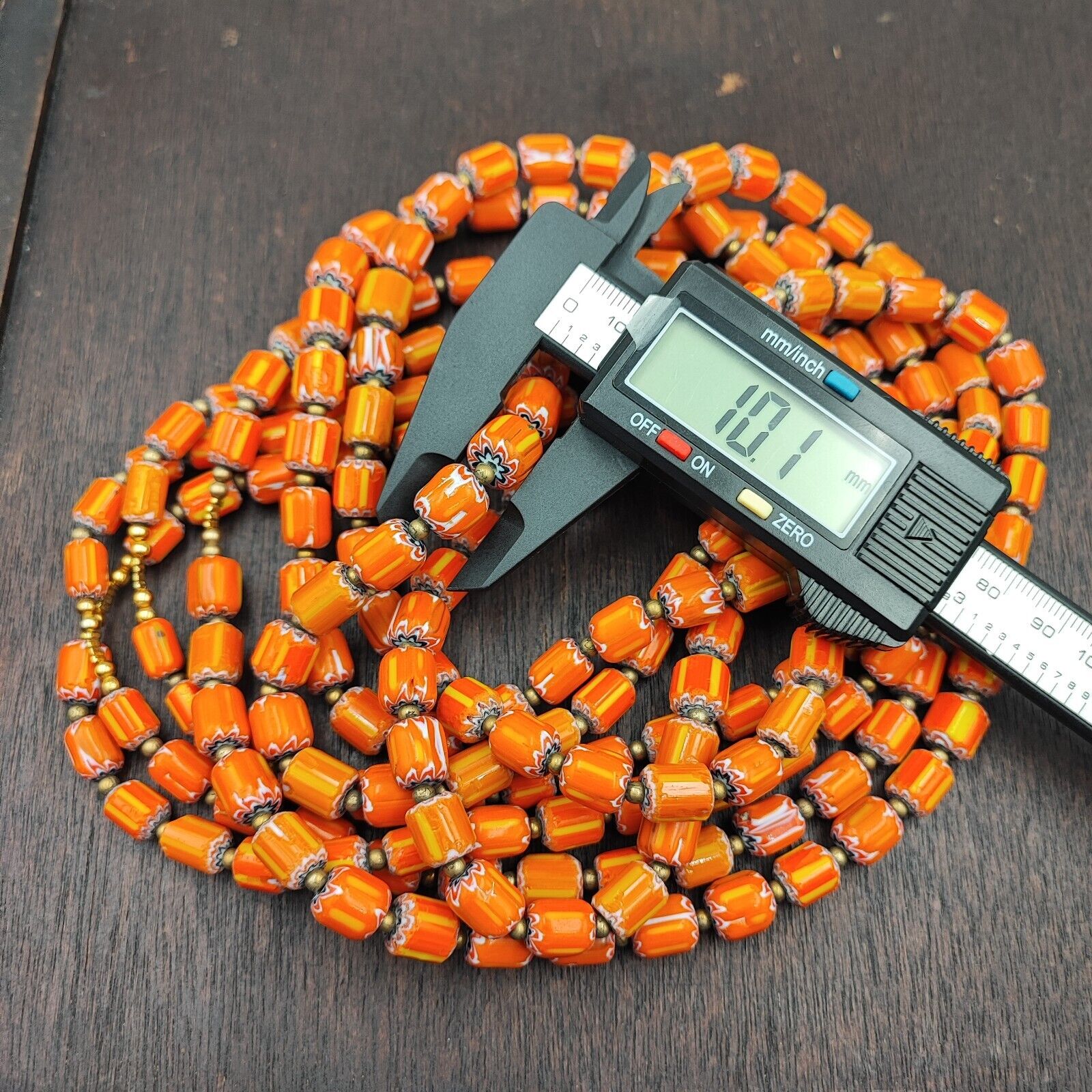 Vintage Venetian Style Orange Yellow Chevron Beads Long Strand Necklace