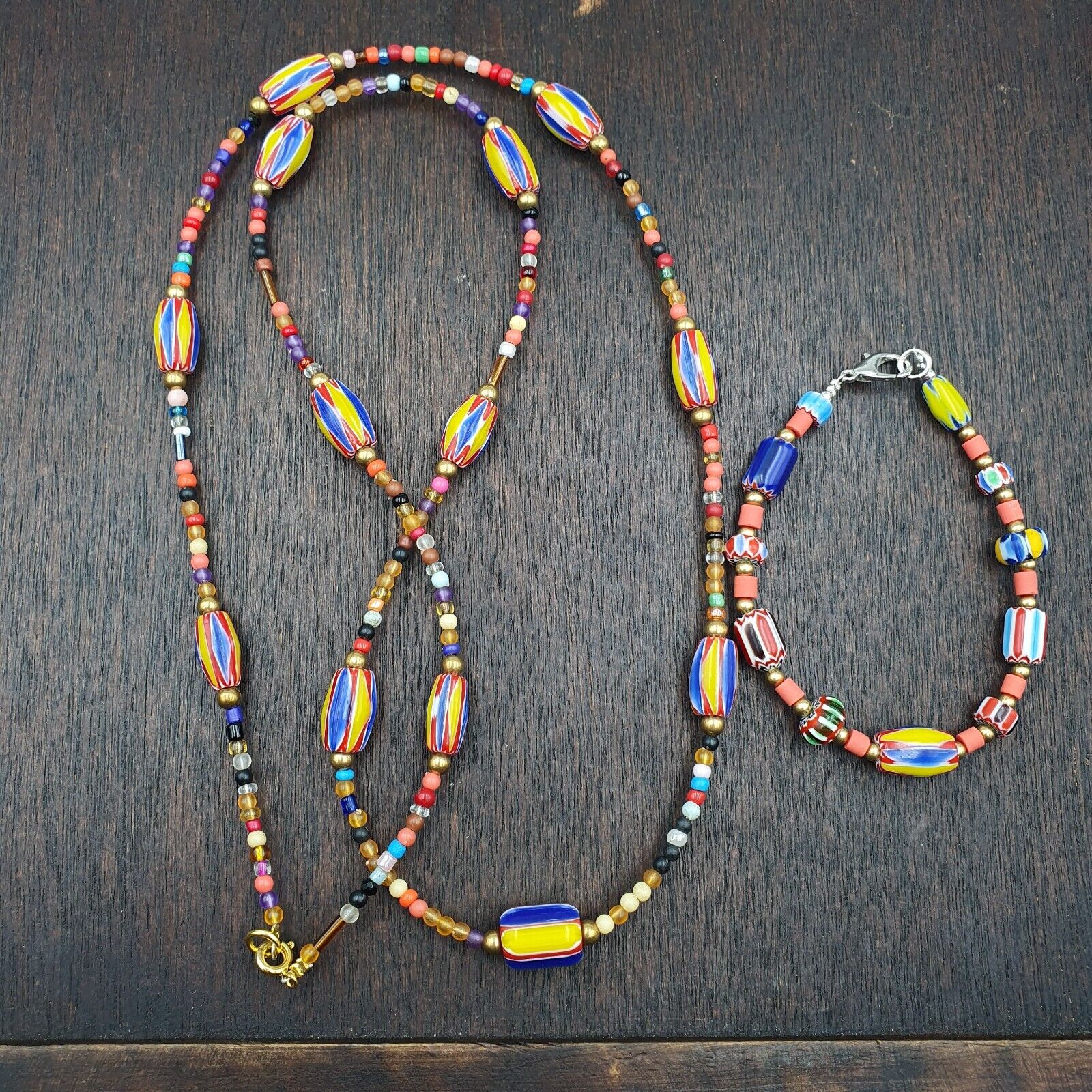 Set of Vintage Venetian Style Old African Glass Chevron Beads Long Necklace AH-4