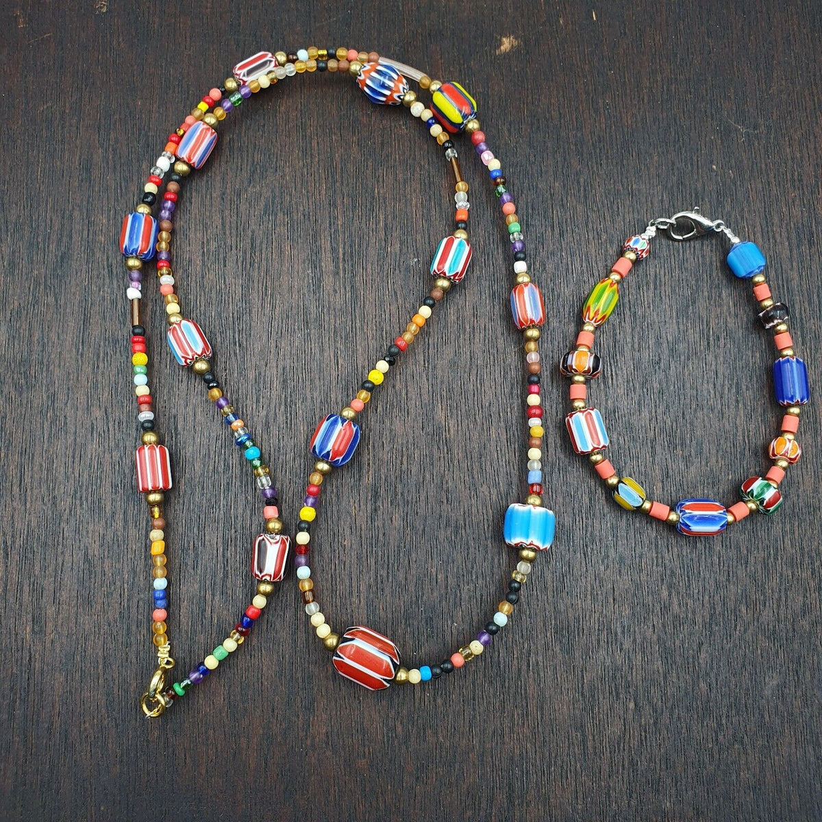 Set of Vintage Venetian Style Old African Glass Chevron Beads Long Necklace AH-4