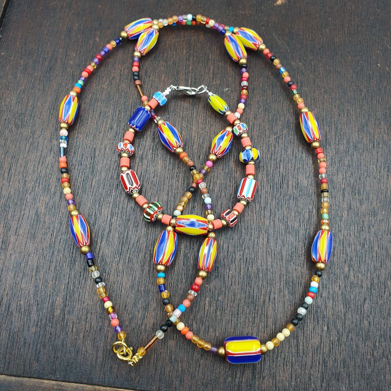Set of Vintage Venetian Style Old African Glass Chevron Beads Long Necklace AH-4