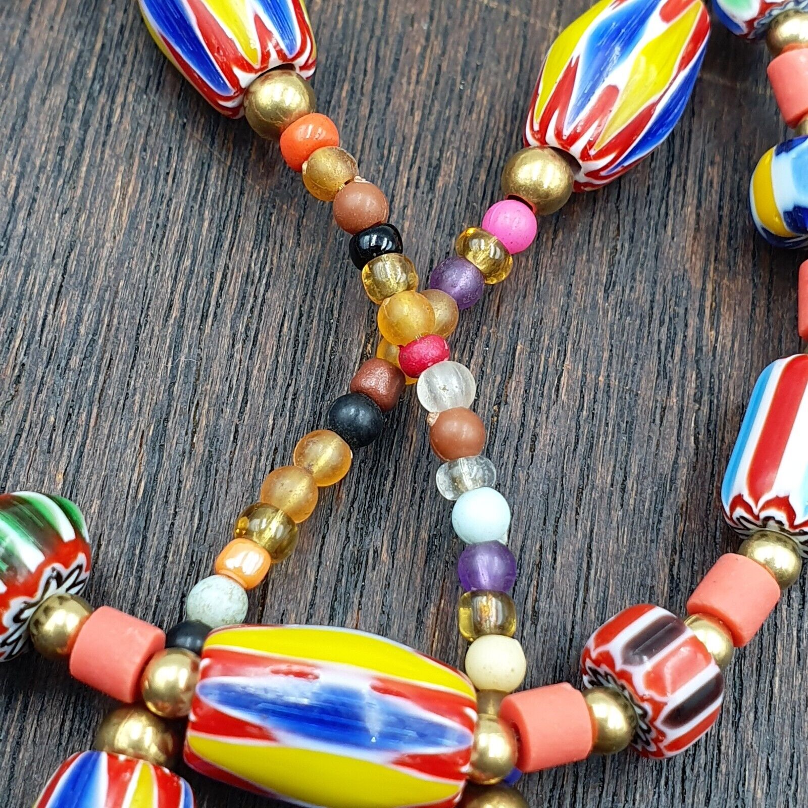 Set of Vintage Venetian Style Old African Glass Chevron Beads Long Necklace AH-4