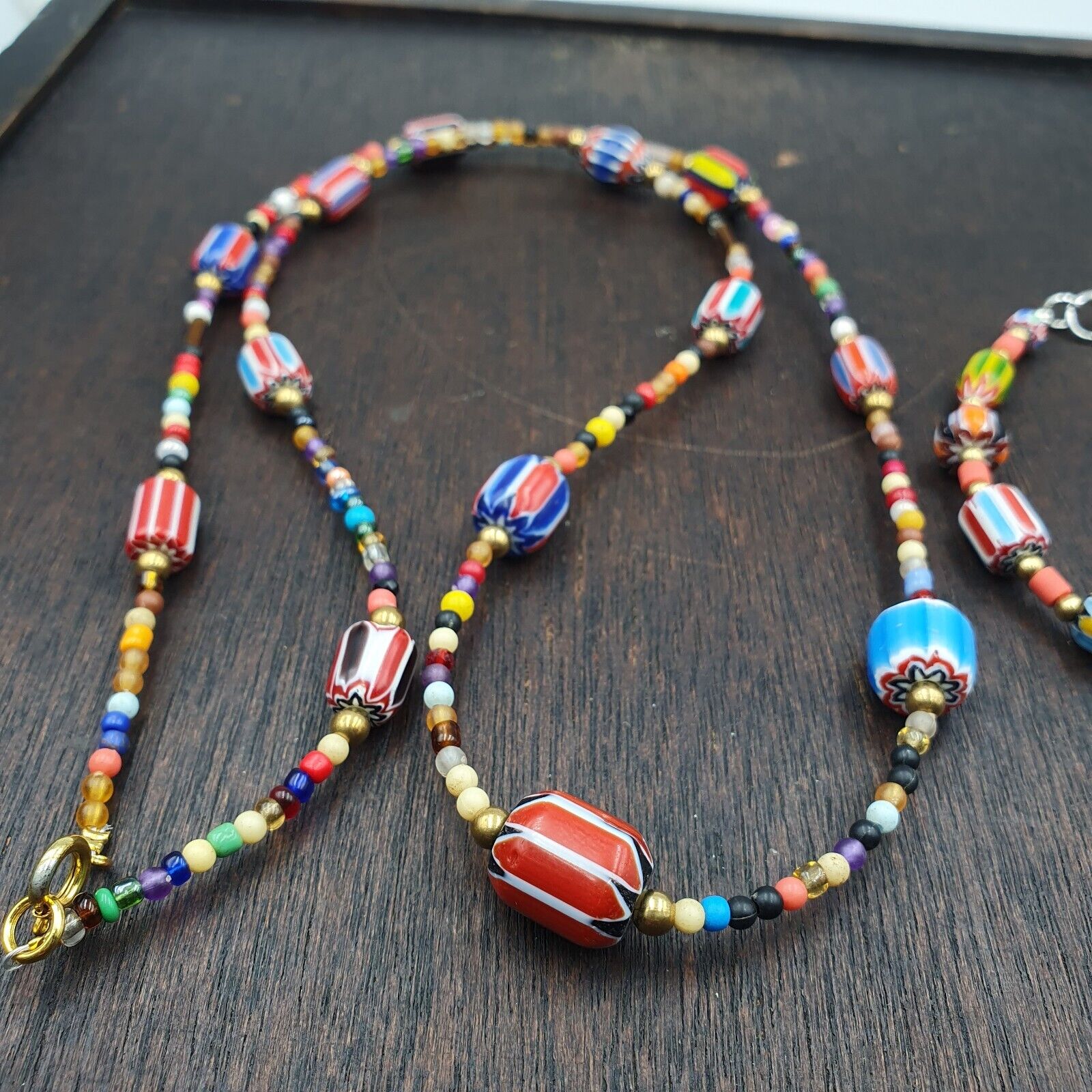 Set of Vintage Venetian Style Old African Glass Chevron Beads Long Necklace AH-4