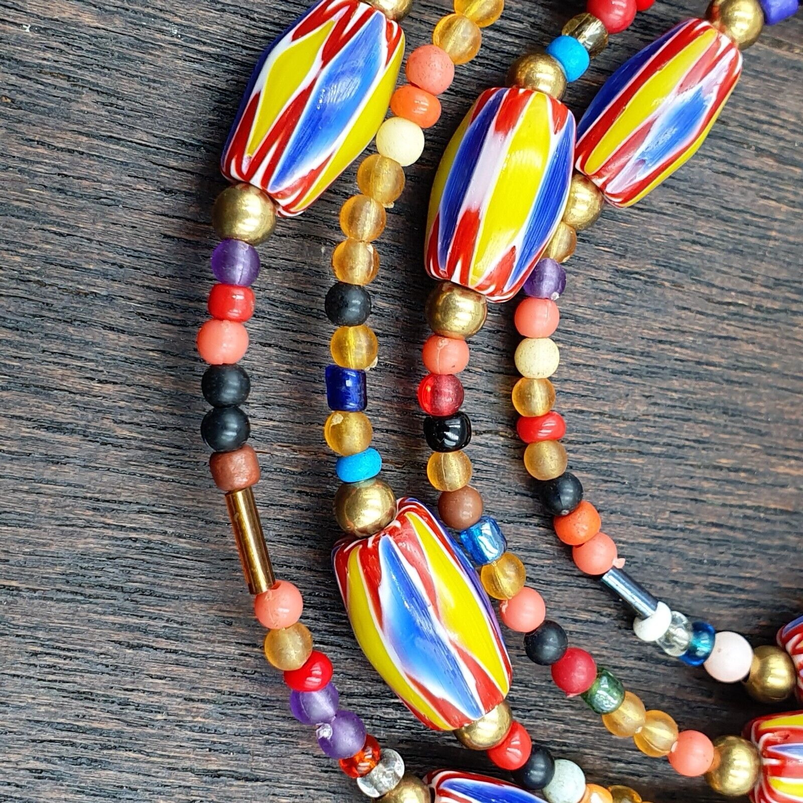 Set of Vintage Venetian Style Old African Glass Chevron Beads Long Necklace AH-4