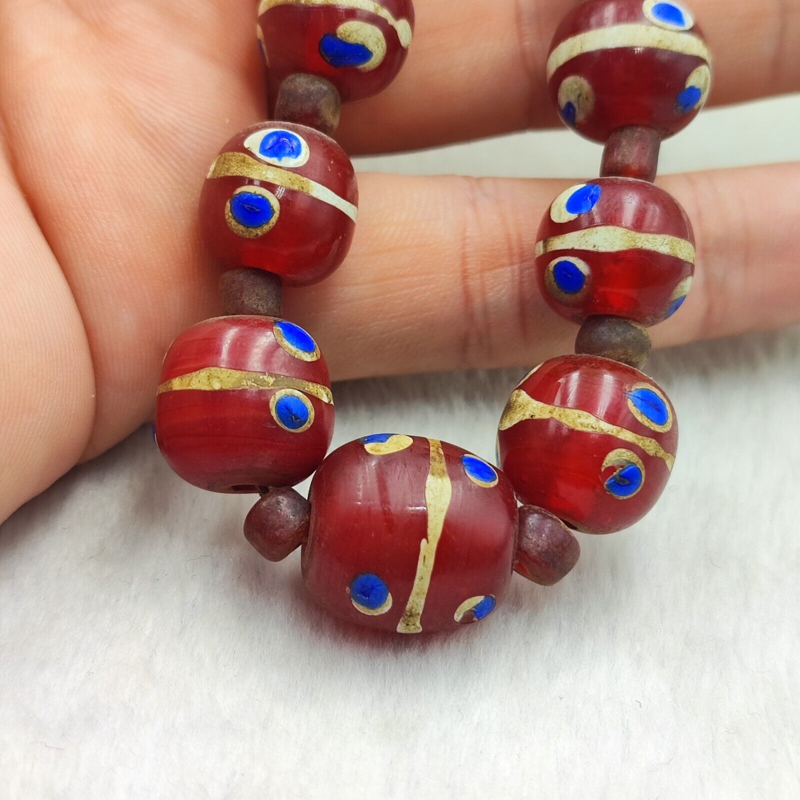 Vintage Venetian Eye Beads Trade beads red skunk beads Long Necklace 28"