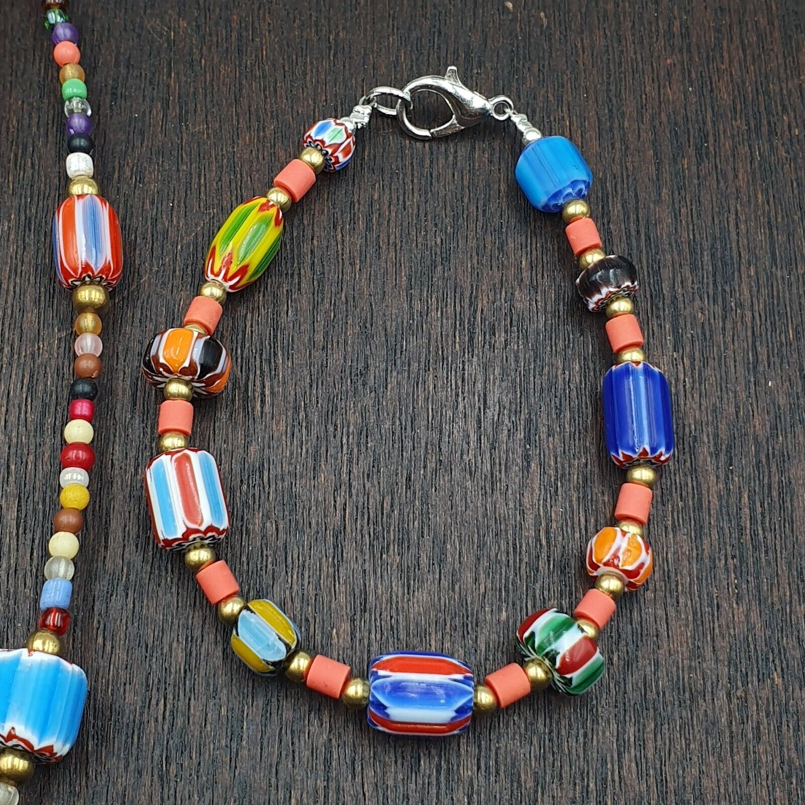 Set of Vintage Venetian Style Old African Glass Chevron Beads Long Necklace AH-4