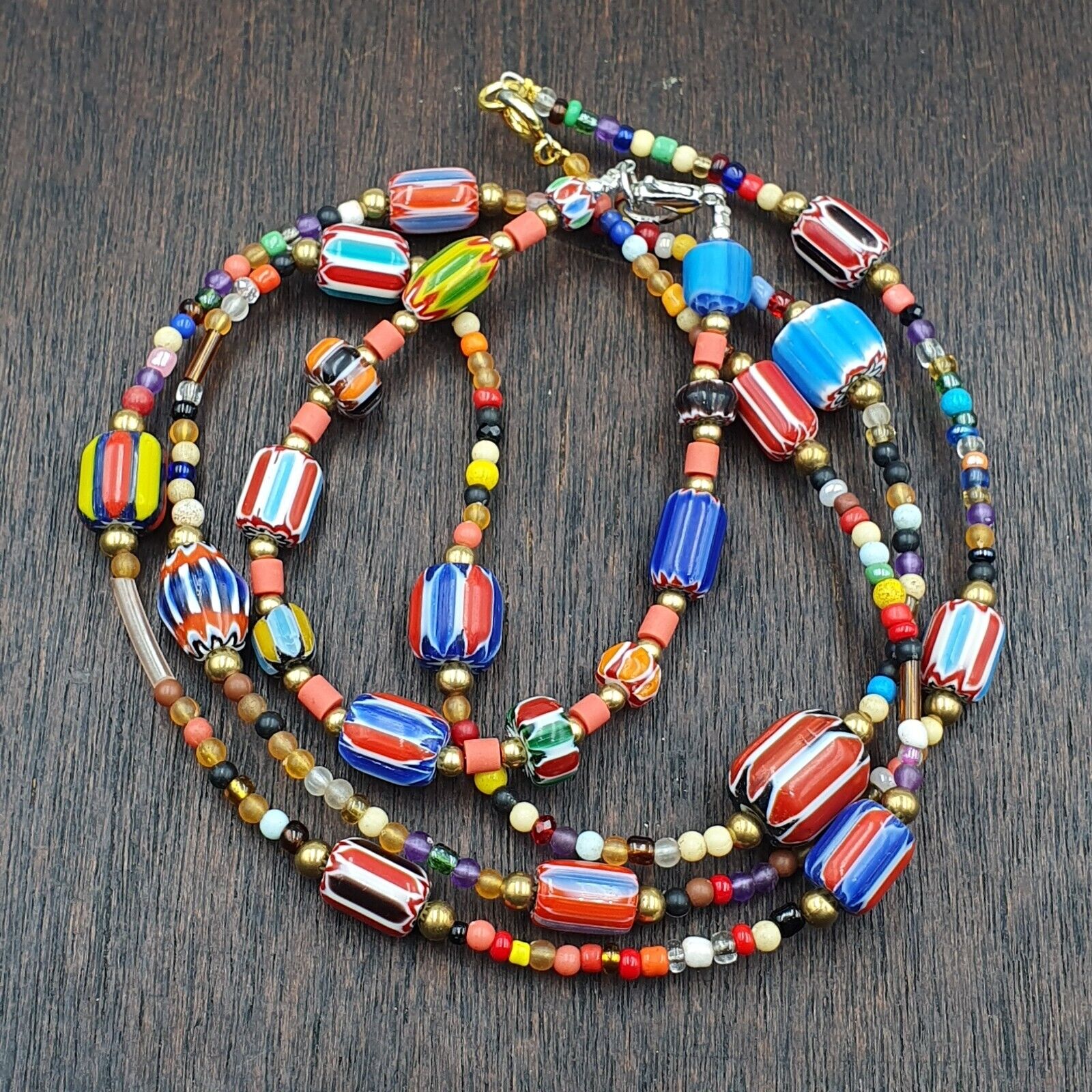 Set of Vintage Venetian Style Old African Glass Chevron Beads Long Necklace AH-4