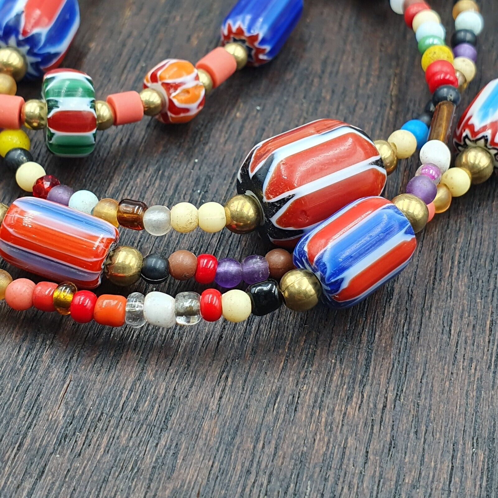 Set of Vintage Venetian Style Old African Glass Chevron Beads Long Necklace AH-4