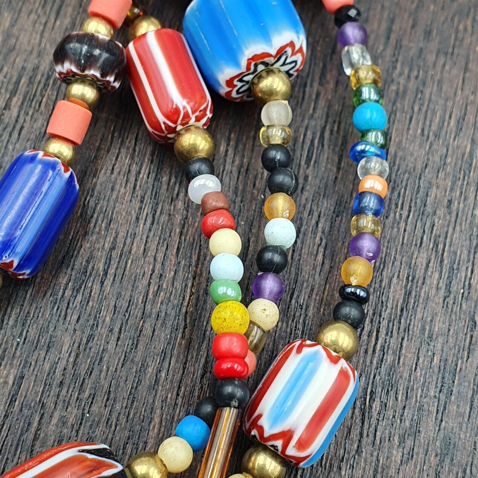 Set of Vintage Venetian Style Old African Glass Chevron Beads Long Necklace AH-4