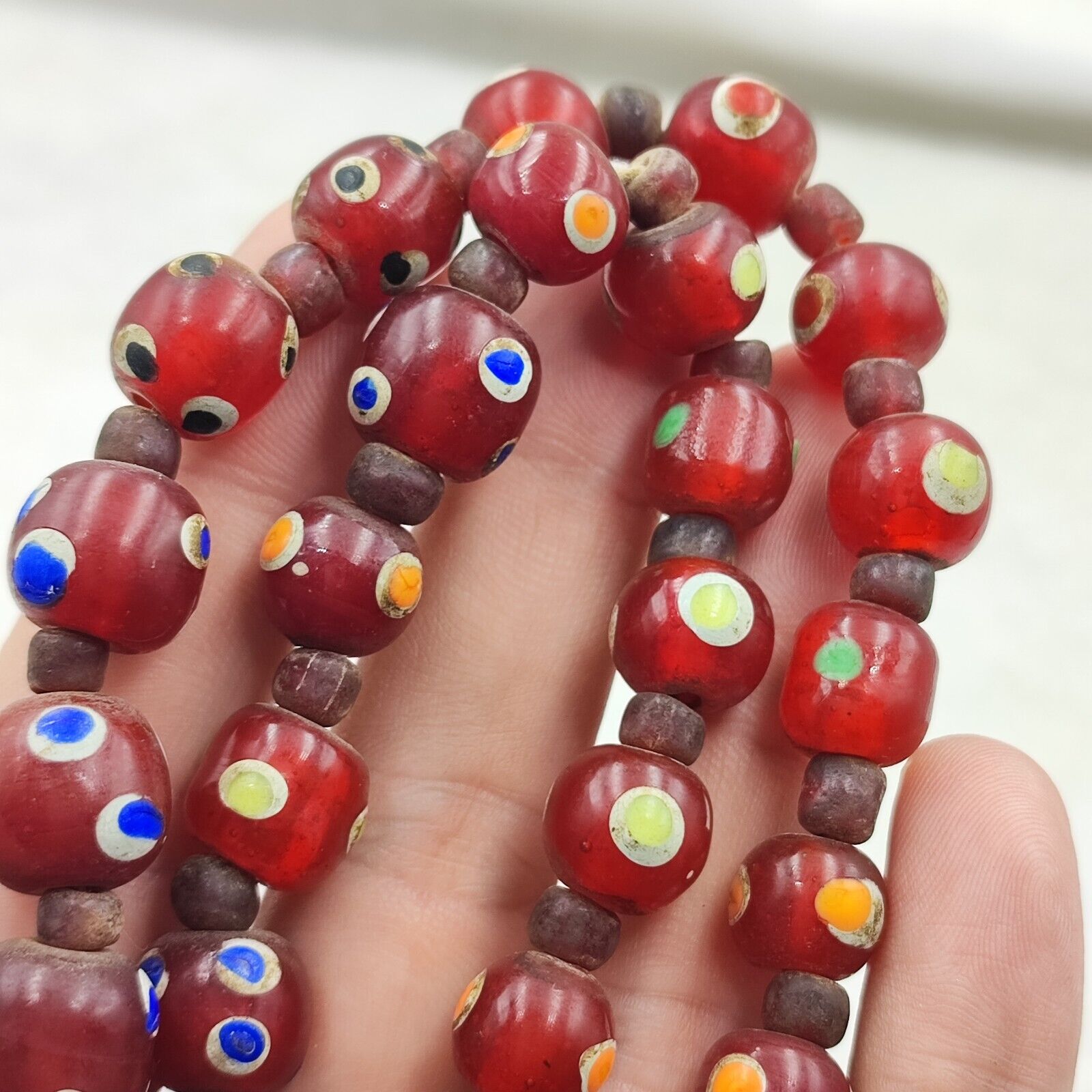 Vintage Venetian Eye Beads Trade beads red skunk beads Long Necklace 28"