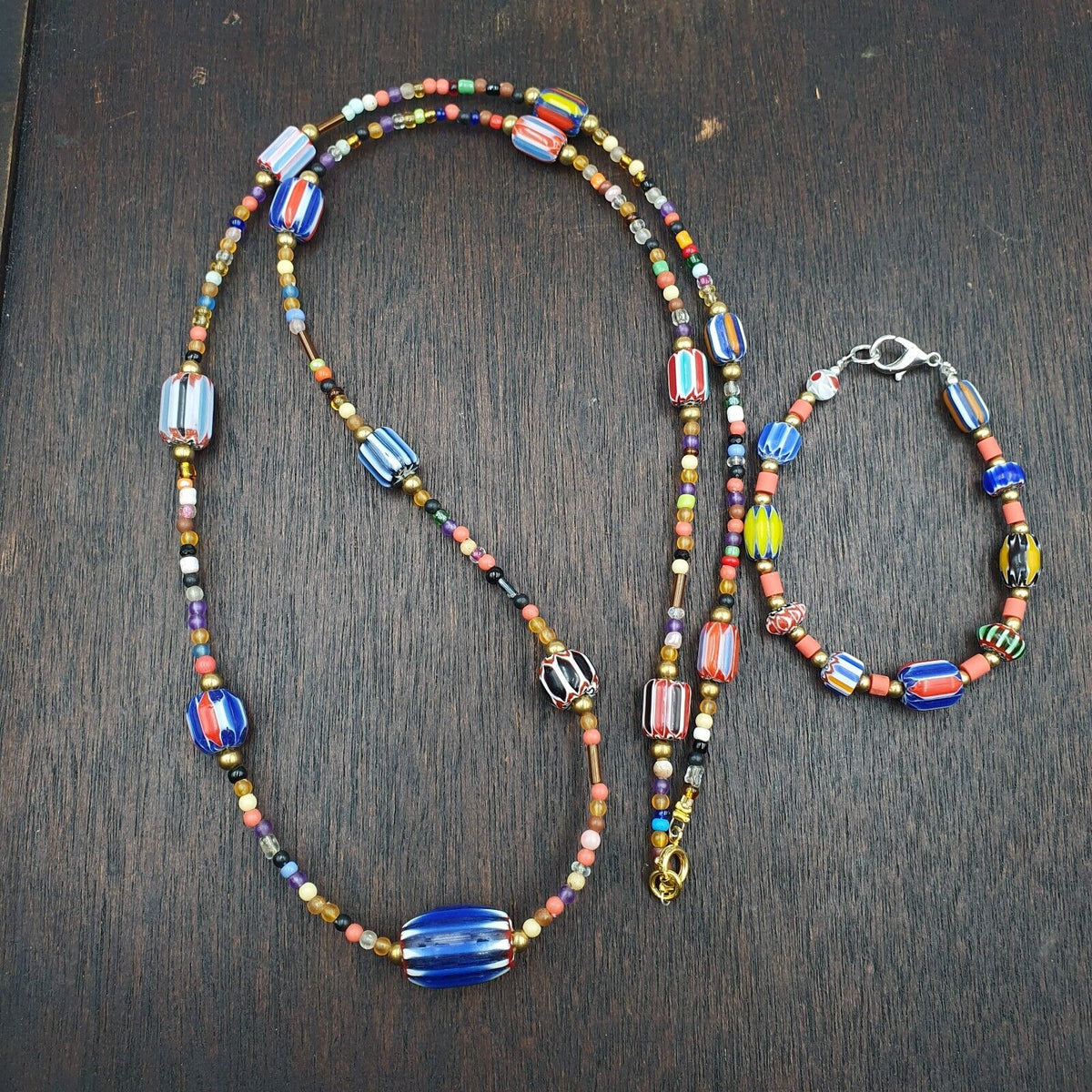 Set Vintage Venetian Style beads Old Glass Chevron Beads Long Necklace