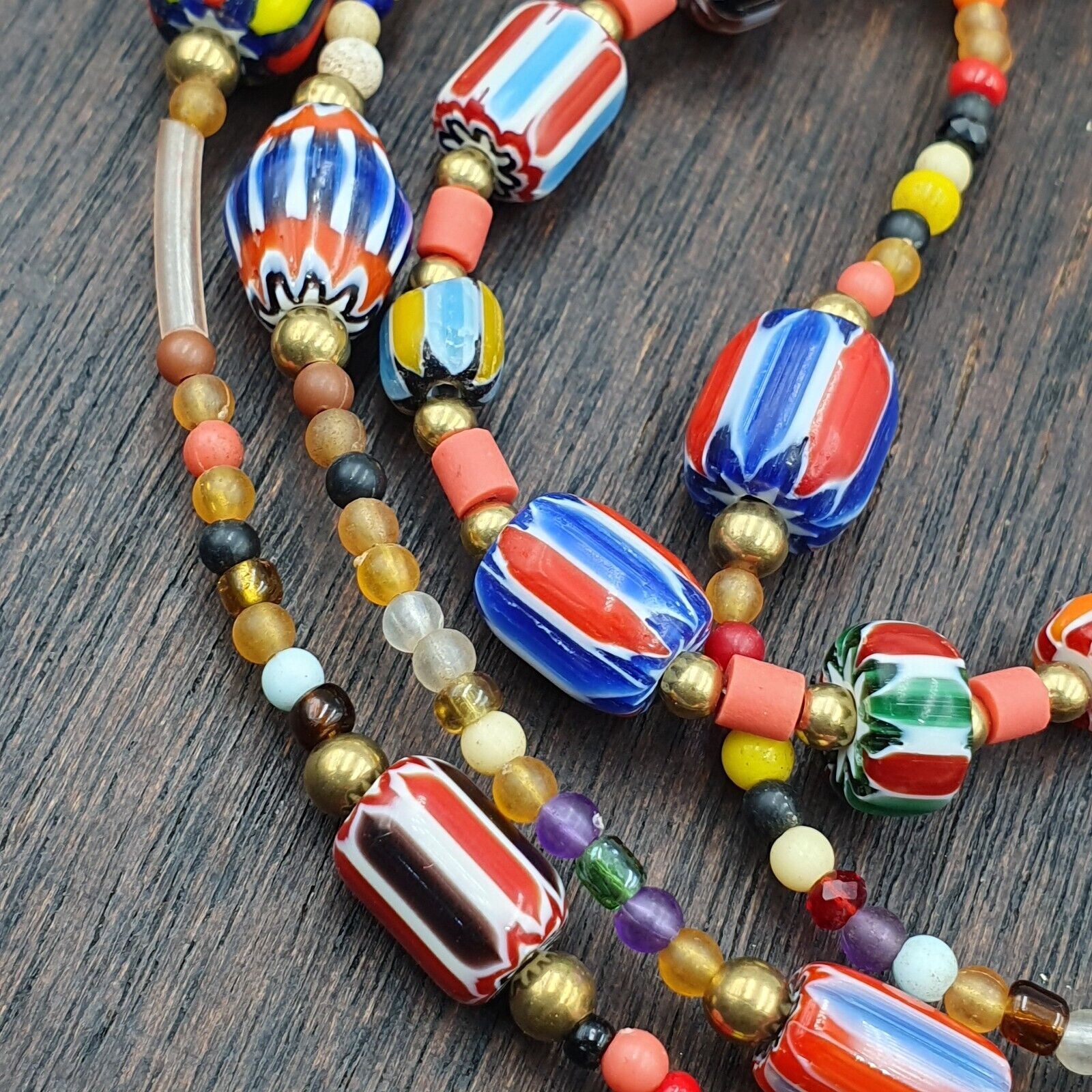 Set of Vintage Venetian Style Old African Glass Chevron Beads Long Necklace AH-4