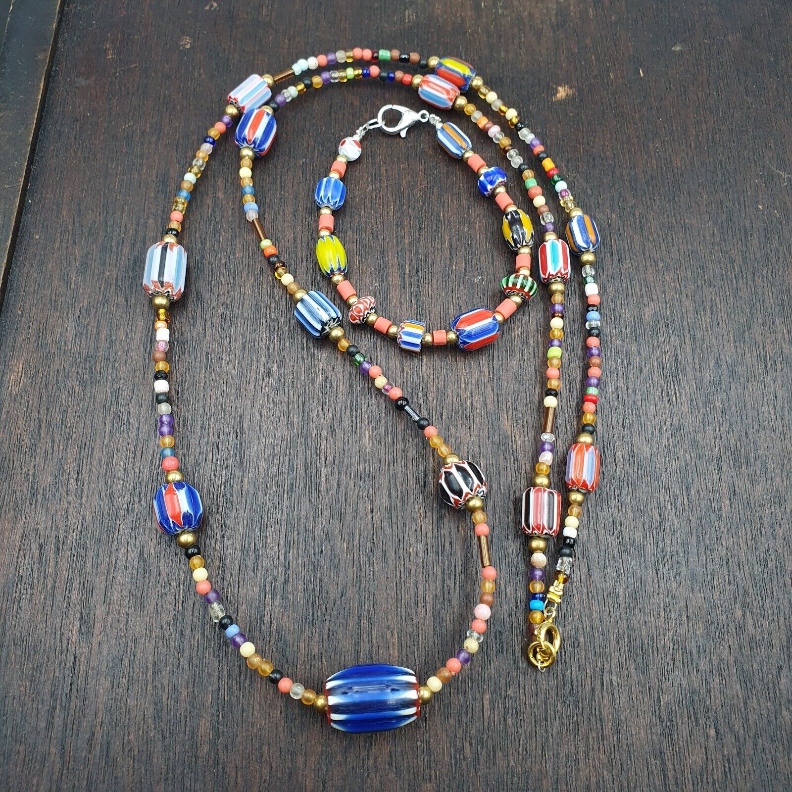Set Vintage Venetian Style beads Old Glass Chevron Beads Long Necklace