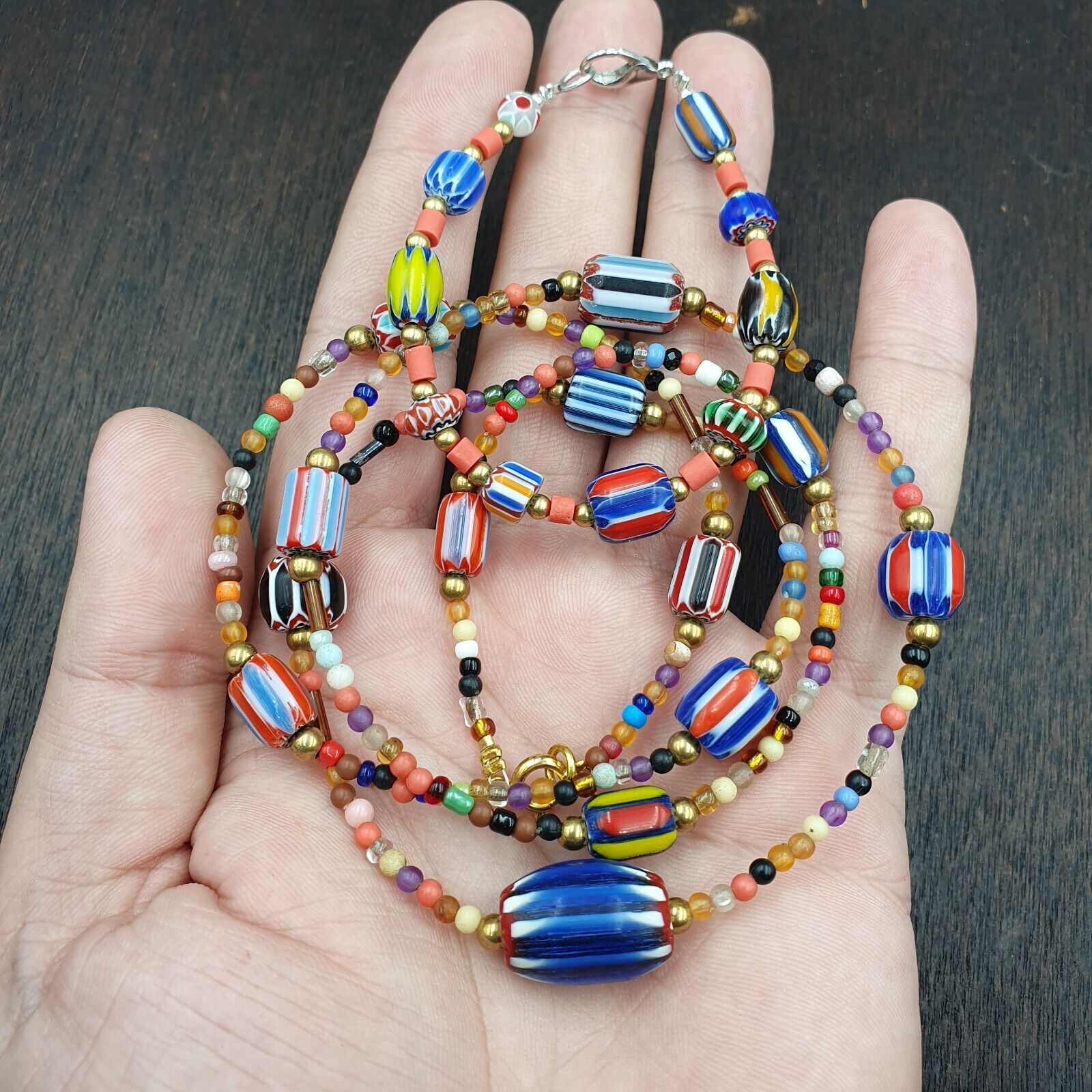 Set Vintage Venetian Style beads Old Glass Chevron Beads Long Necklace