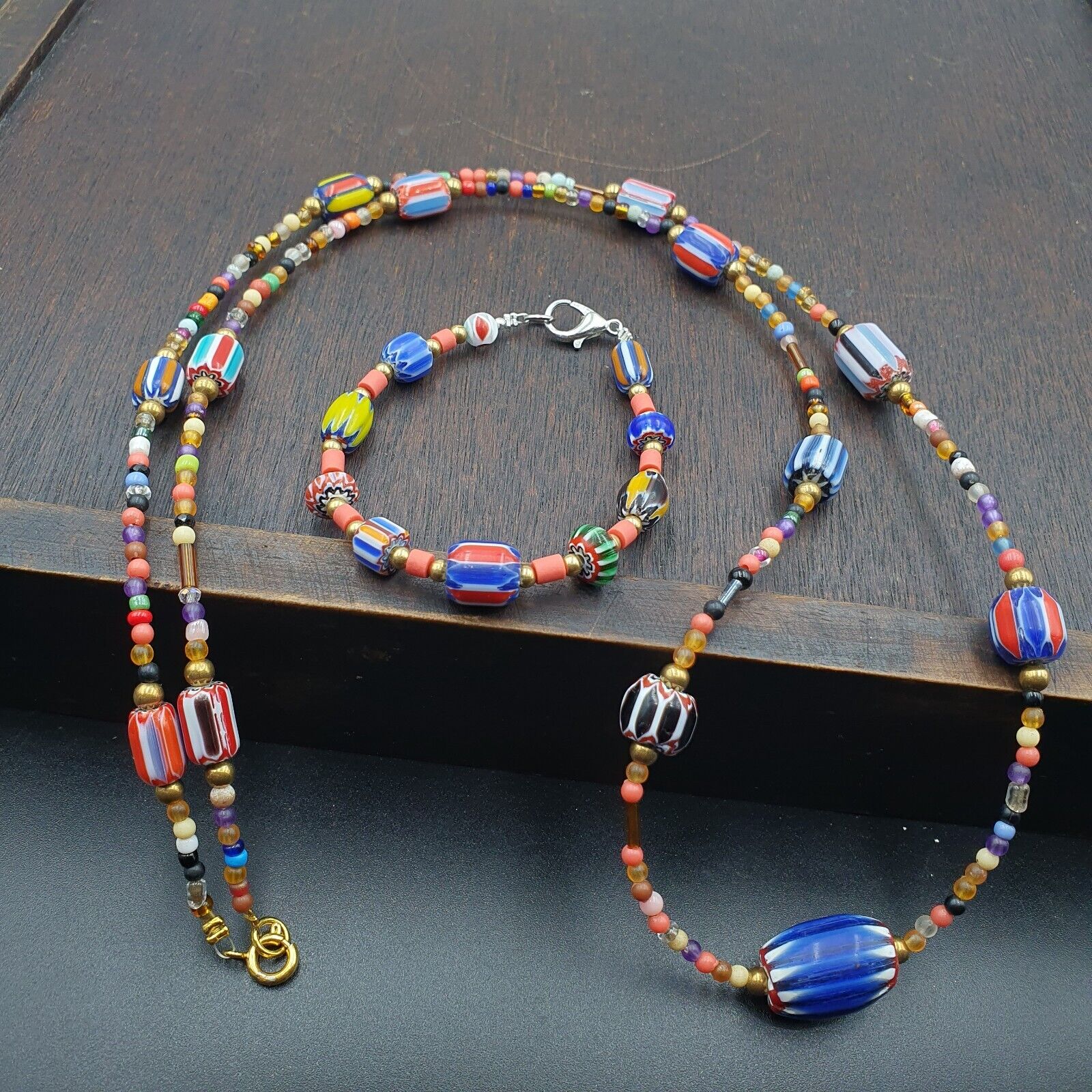 Set Vintage Venetian Style beads Old Glass Chevron Beads Long Necklace