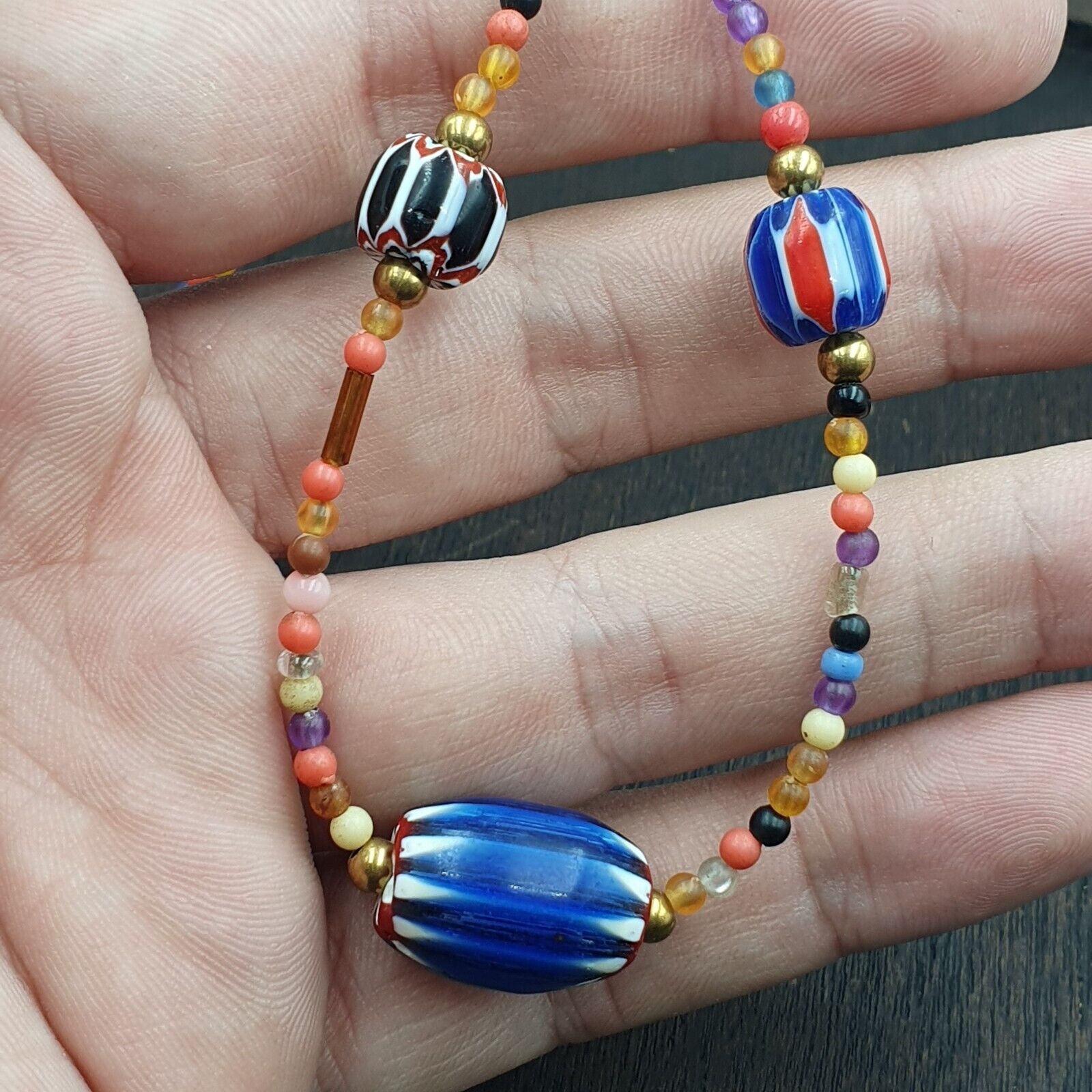 Set Vintage Venetian Style beads Old Glass Chevron Beads Long Necklace