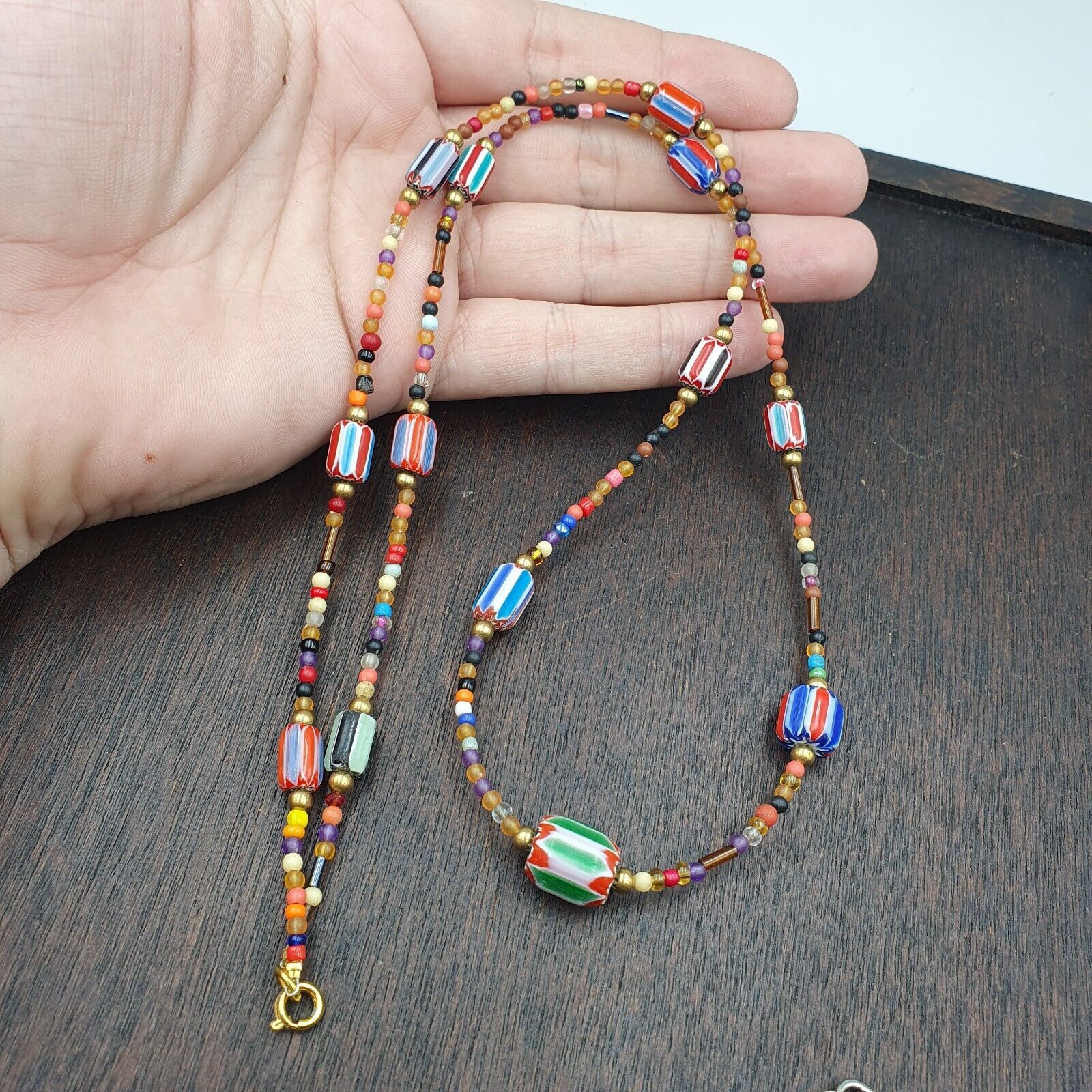 Set of Vintage Venetian Style Old African Glass Chevron Beads Long Necklace