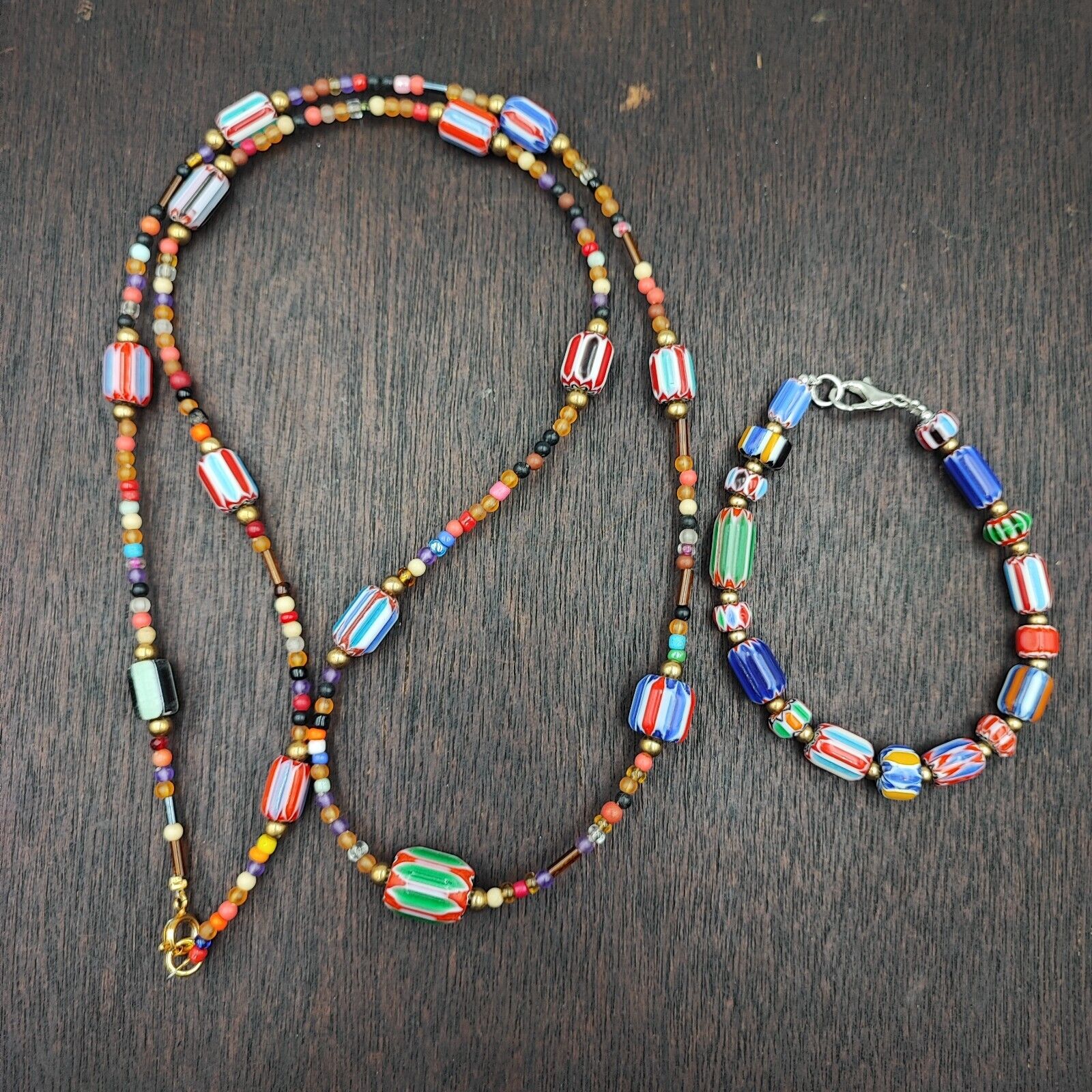 Set of Vintage Venetian Style Old African Glass Chevron Beads Long Necklace