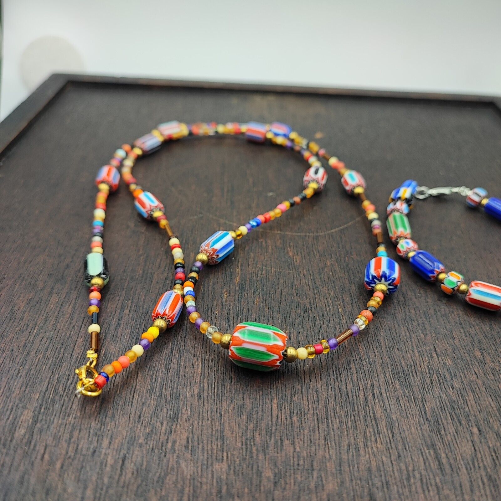 Set of Vintage Venetian Style Old African Glass Chevron Beads Long Necklace