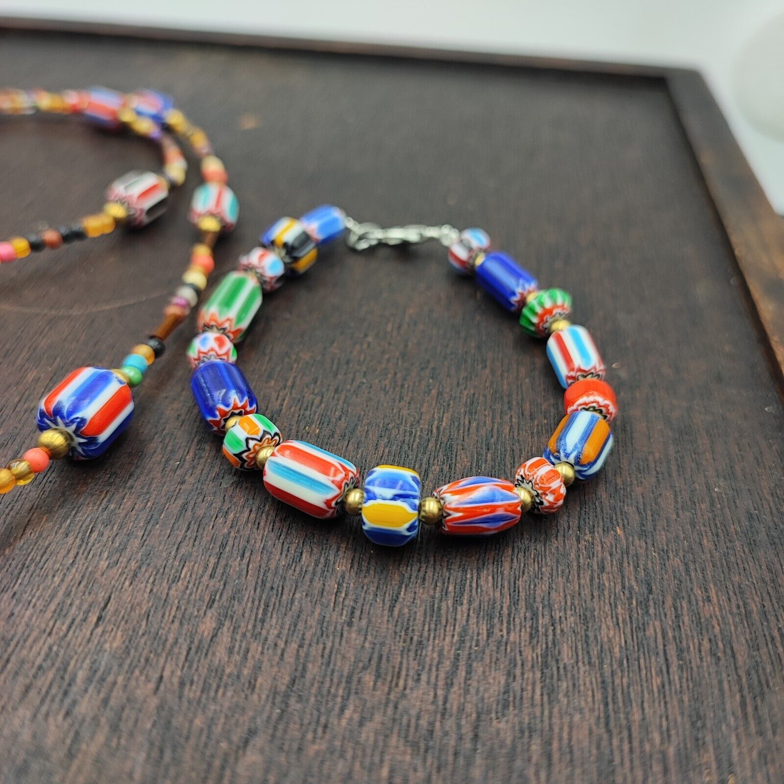 Set of Vintage Venetian Style Old African Glass Chevron Beads Long Necklace