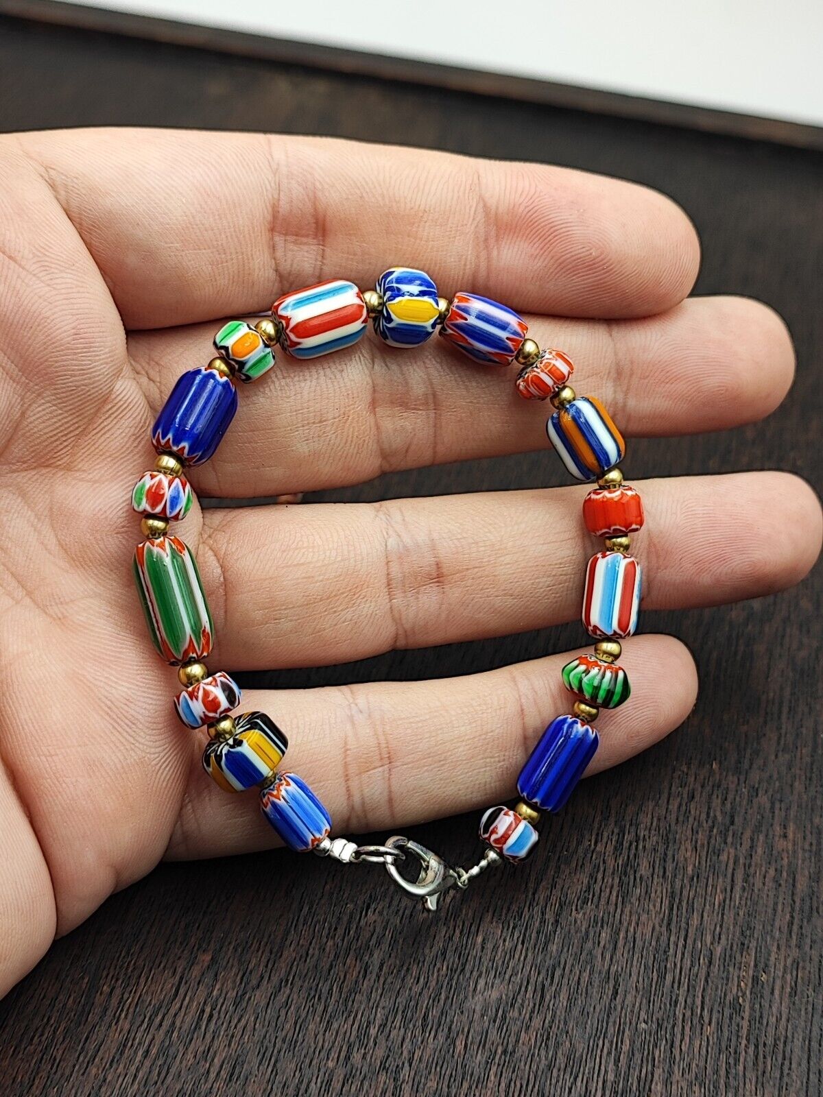 Set of Vintage Venetian Style Old African Glass Chevron Beads Long Necklace