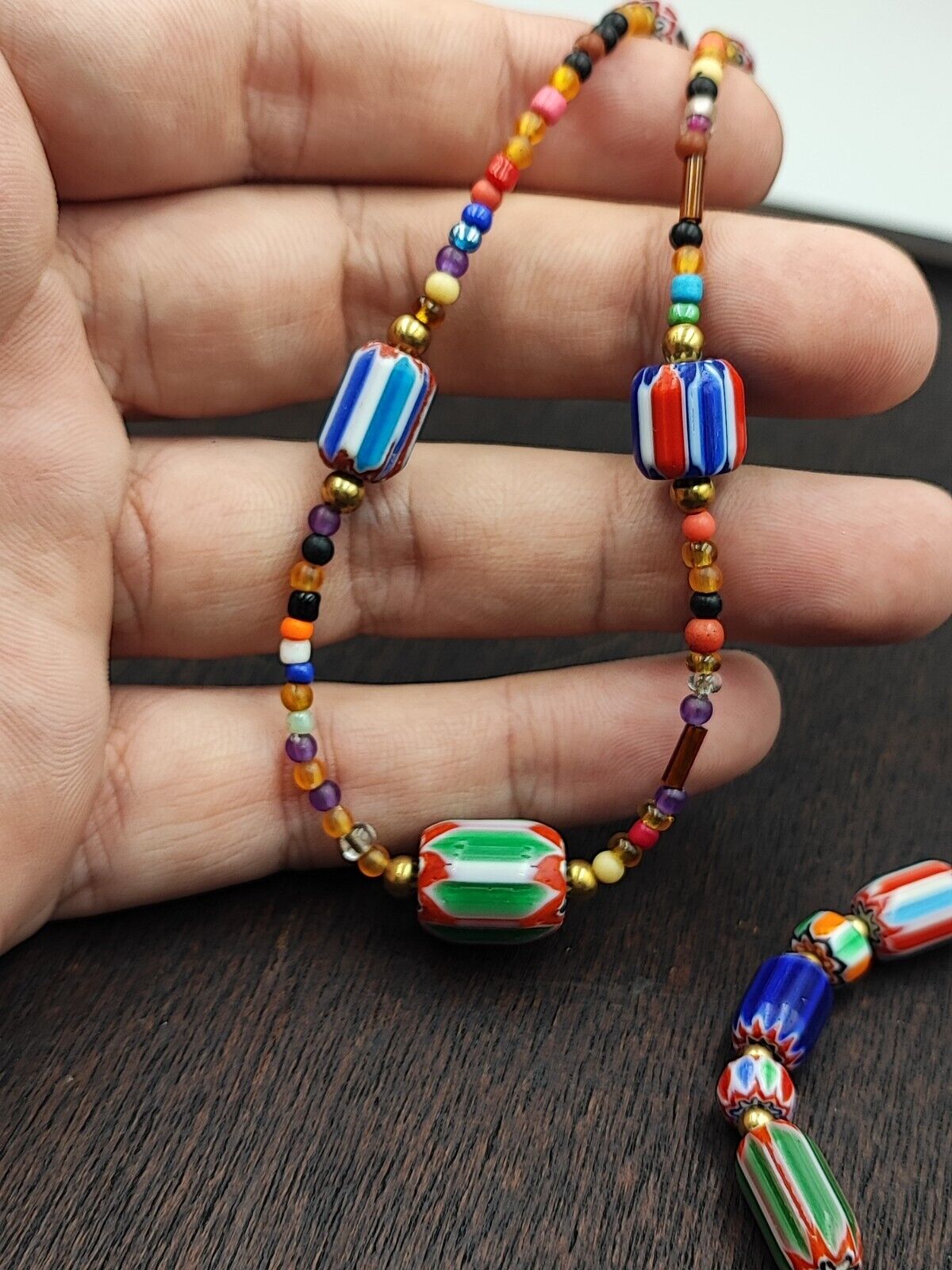 Set of Vintage Venetian Style Old African Glass Chevron Beads Long Necklace