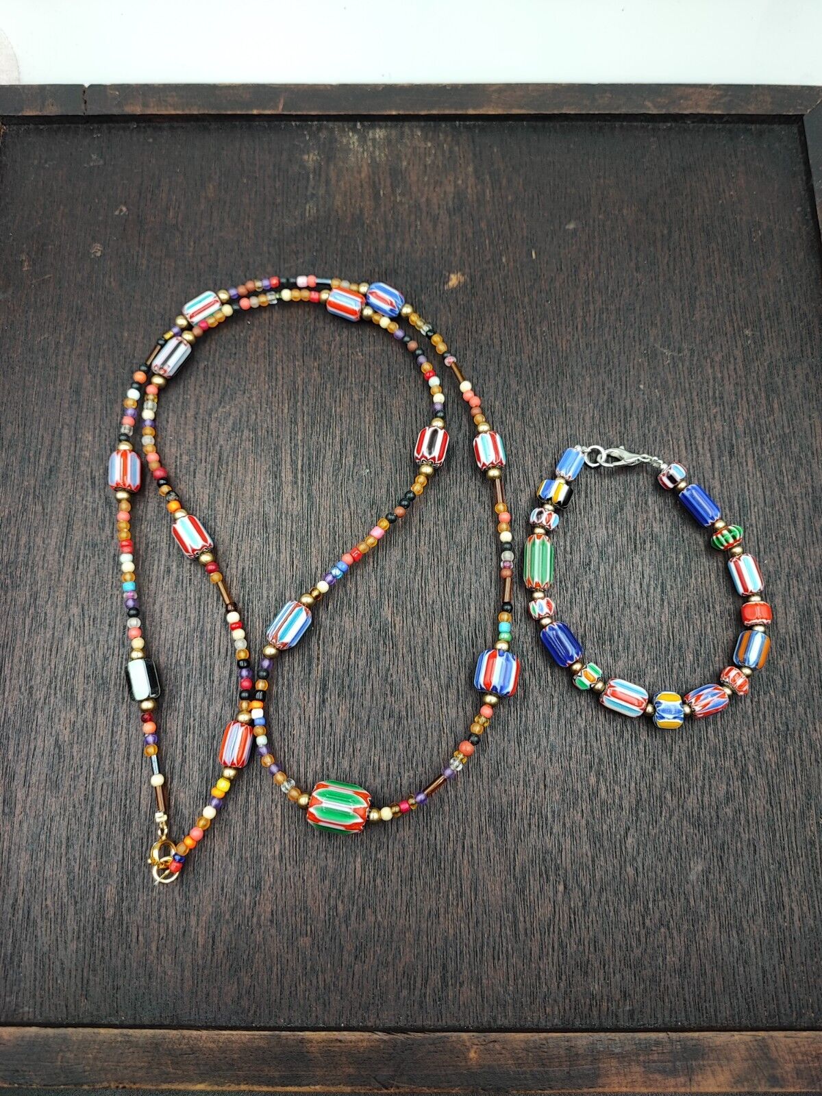 Set of Vintage Venetian Style Old African Glass Chevron Beads Long Necklace