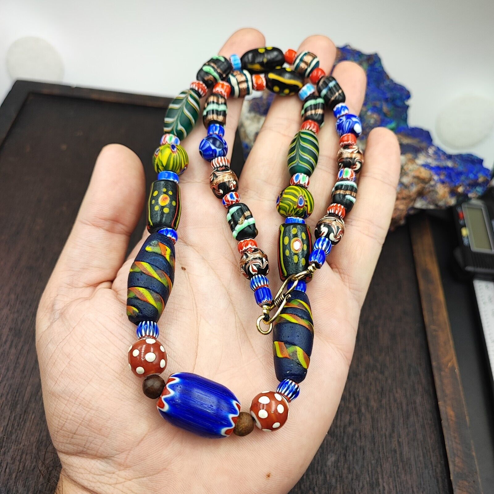 Vintage Venetian Style Chevron Feather Skunk Mix Glass Beads Necklace MX-24
