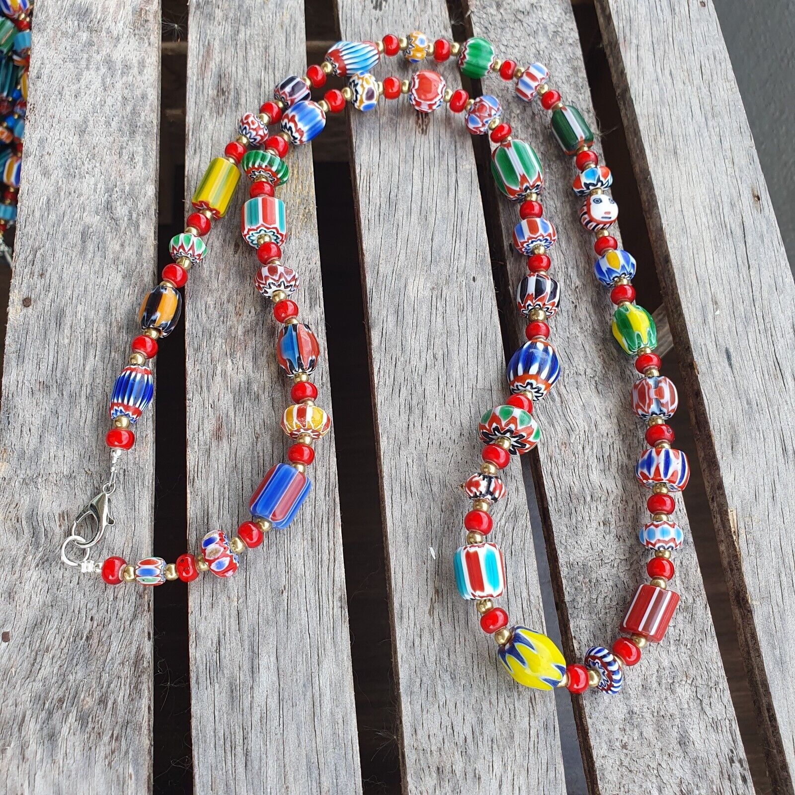 Colorful Chevron and White Heart Venetian Beads Glass Beads Necklace NCC-8