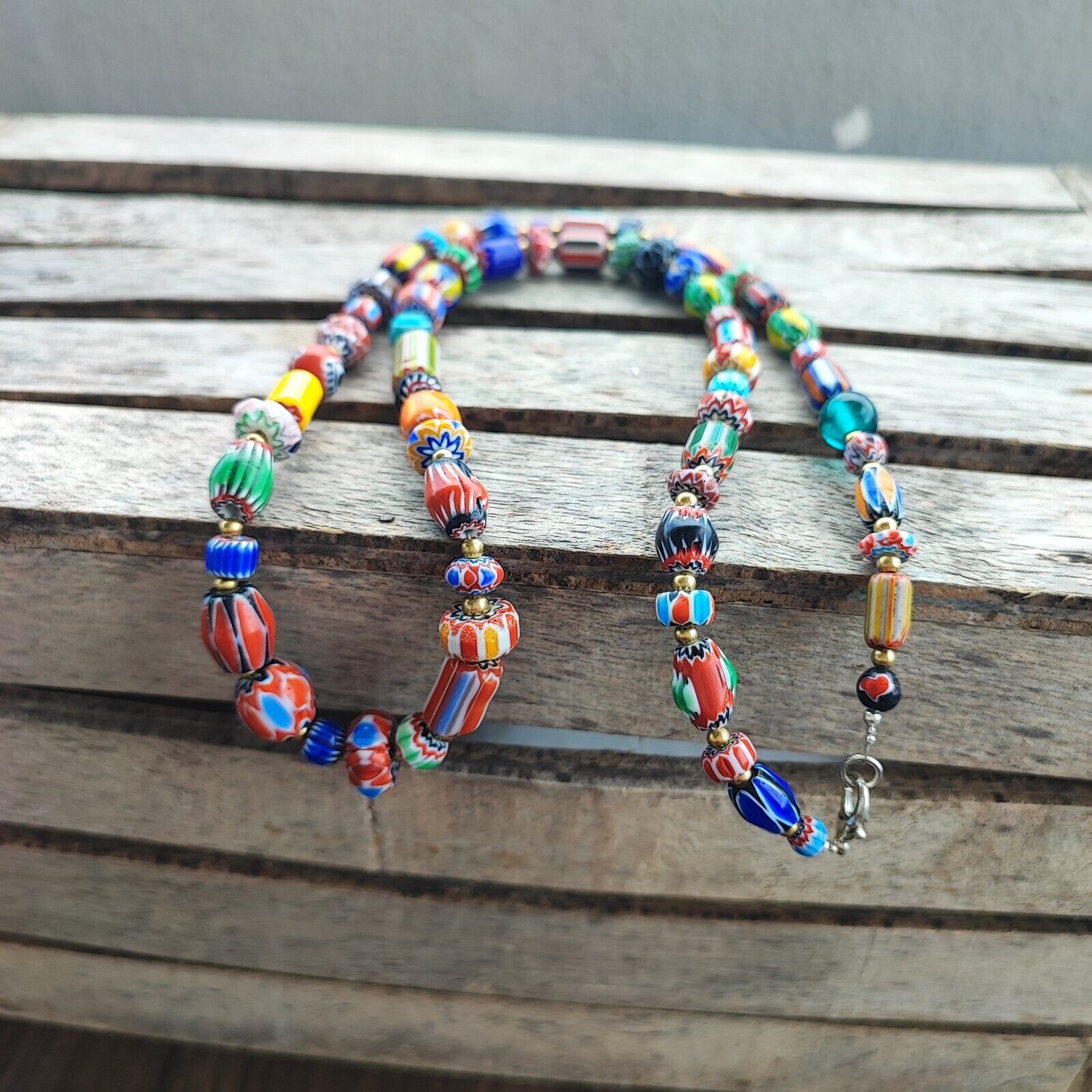 Colorful Chevron and White Heart Venetian Beads Glass Beads Necklace NCC-1