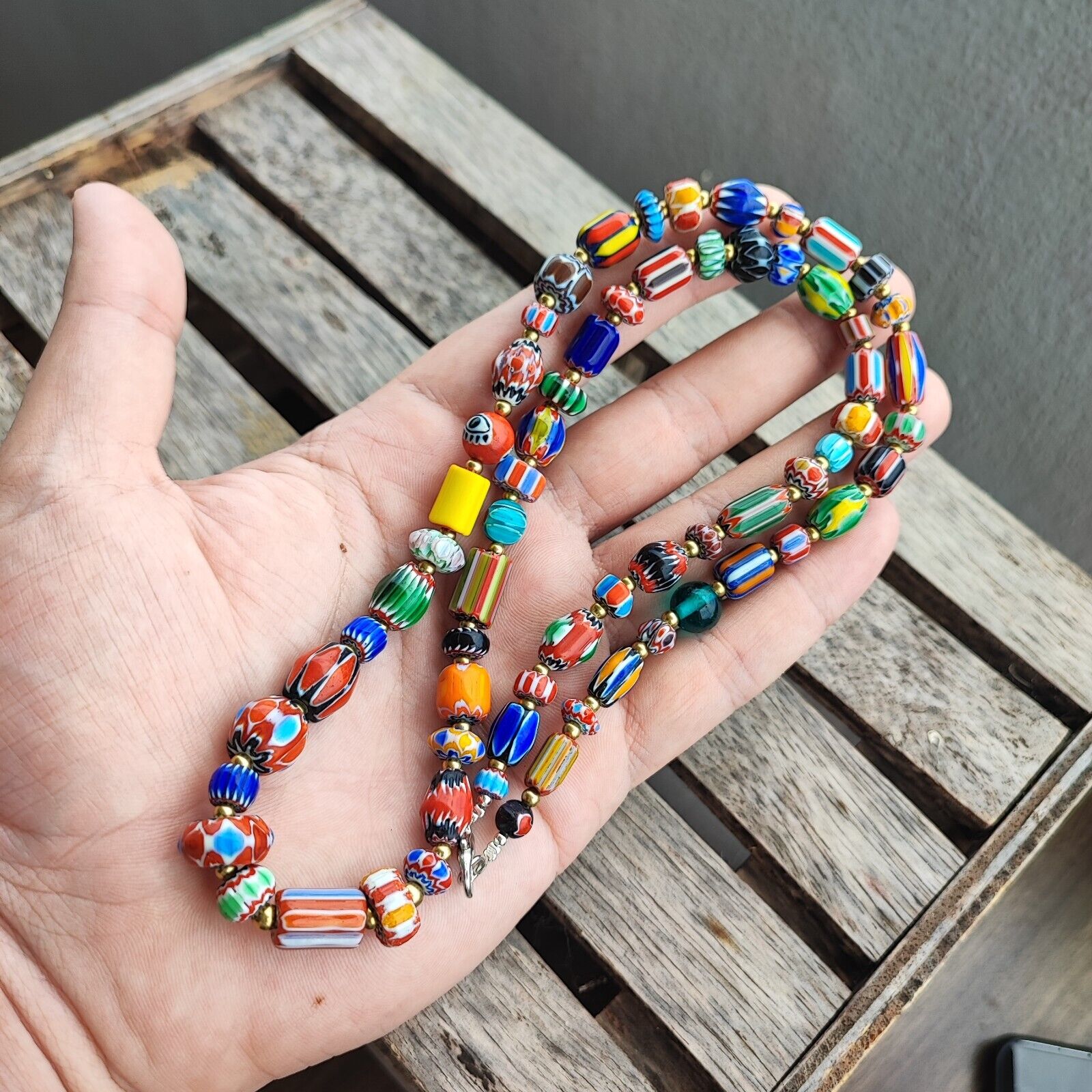 Colorful Chevron and White Heart Venetian Beads Glass Beads Necklace NCC-1