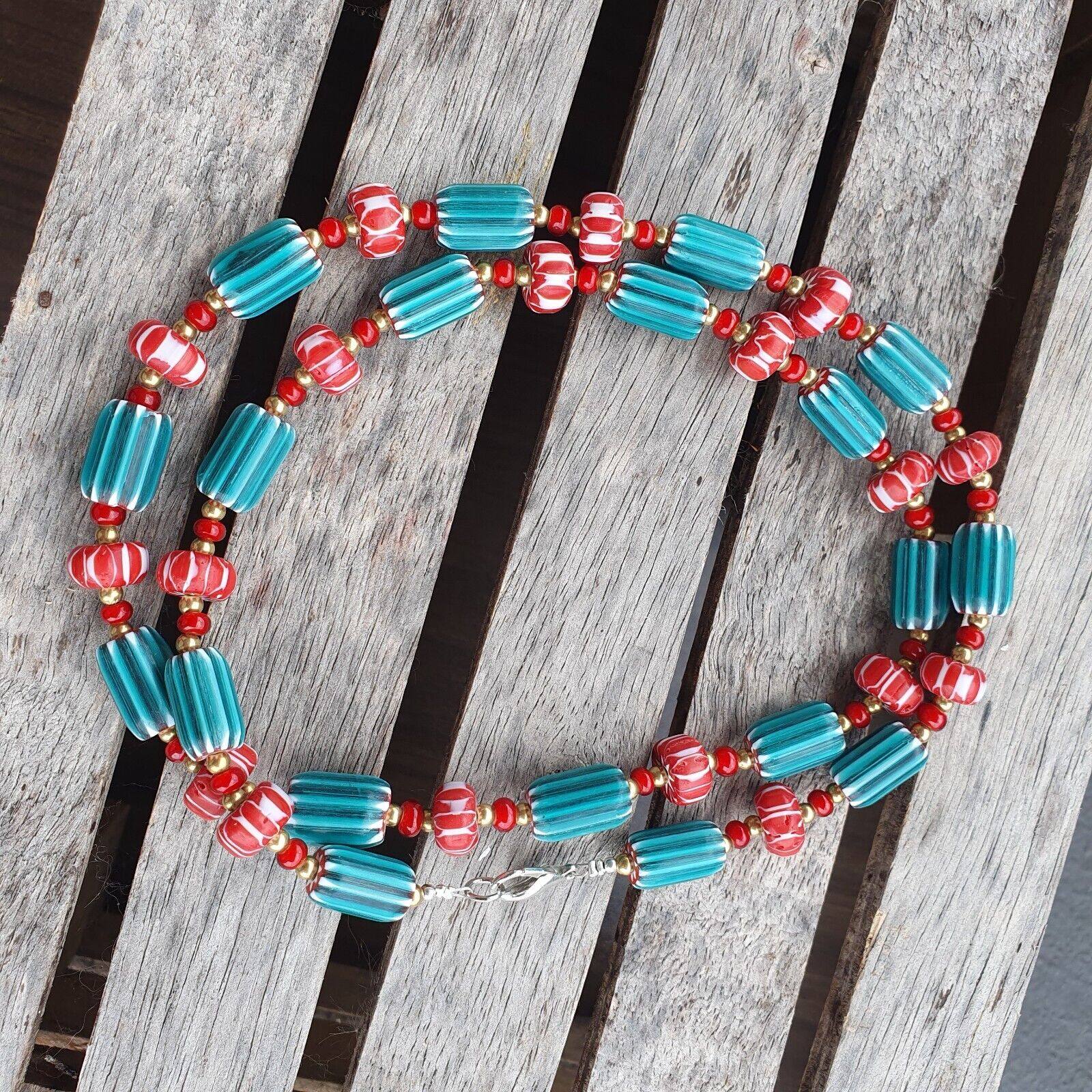 Colorful Chevron and White Heart Venetian Beads Glass Beads Necklace NCC-5