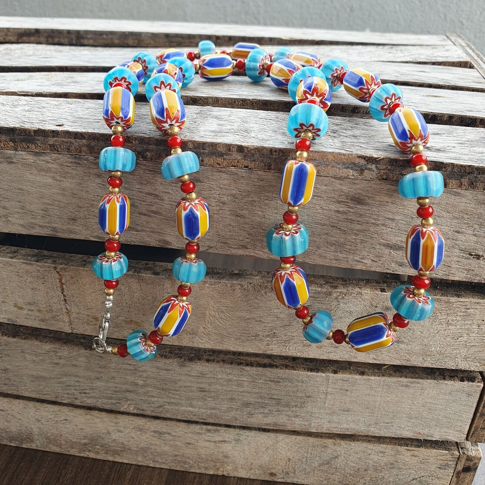Colorful Chevron and White Heart Venetian Beads Glass Beads Necklace NCC-7
