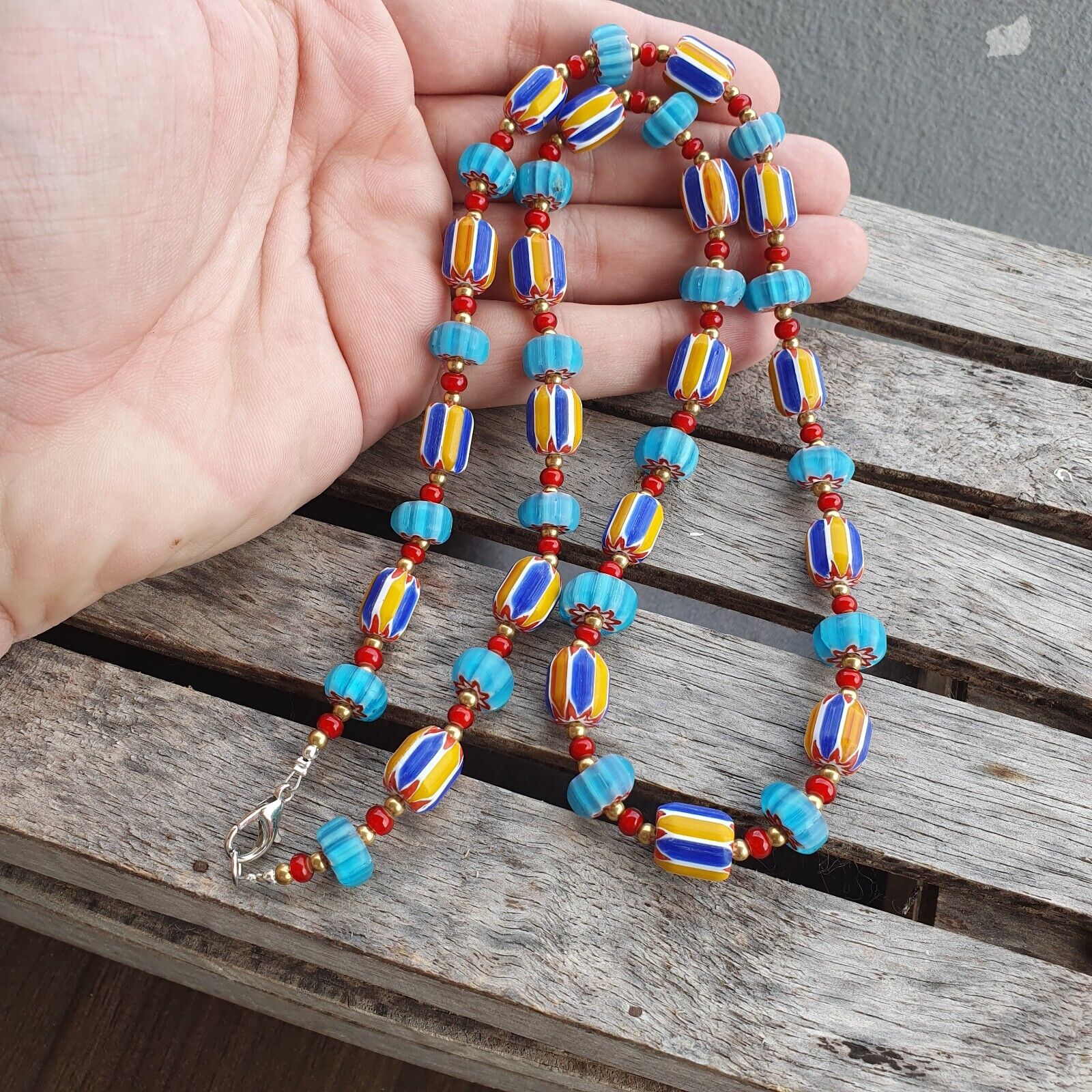 Colorful Chevron and White Heart Venetian Beads Glass Beads Necklace NCC-7