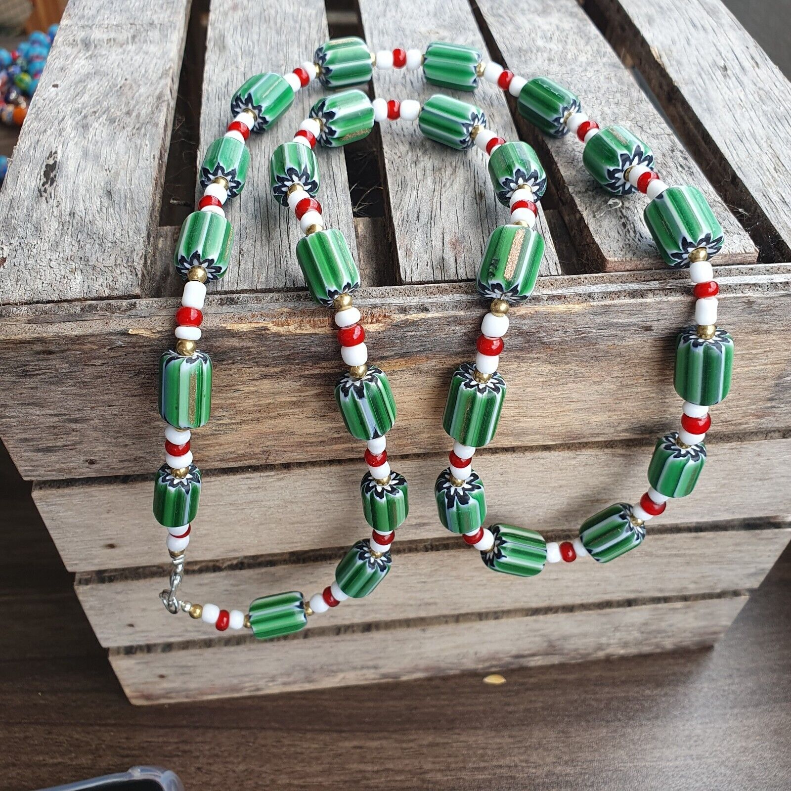 Green Chevron and White Heart Venetian Beads Glass Beads Necklace NCC-3