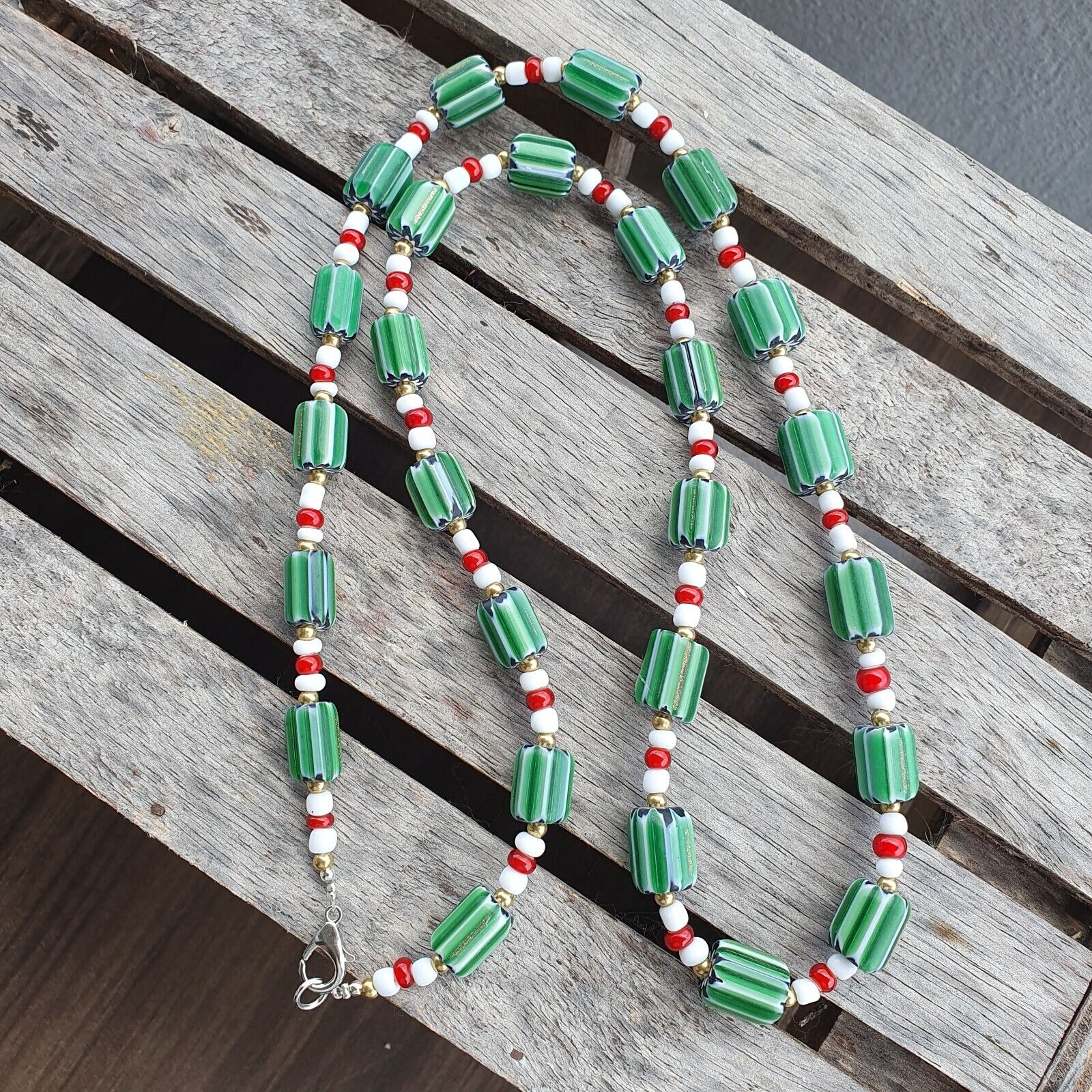 Green Chevron and White Heart Venetian Beads Glass Beads Necklace NCC-3